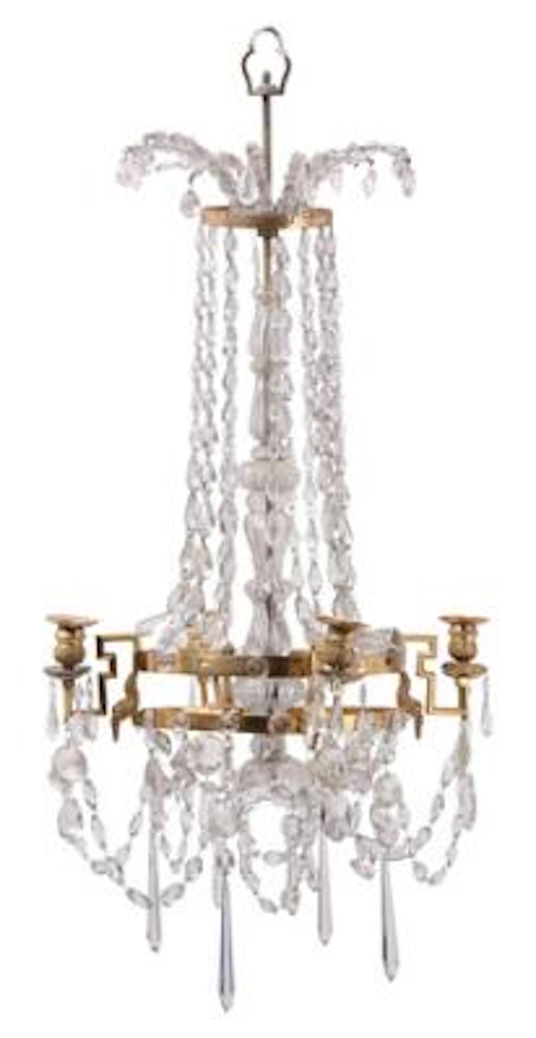 Louis XVI chandelier with gilt bronze frame, hung with prisms. Late