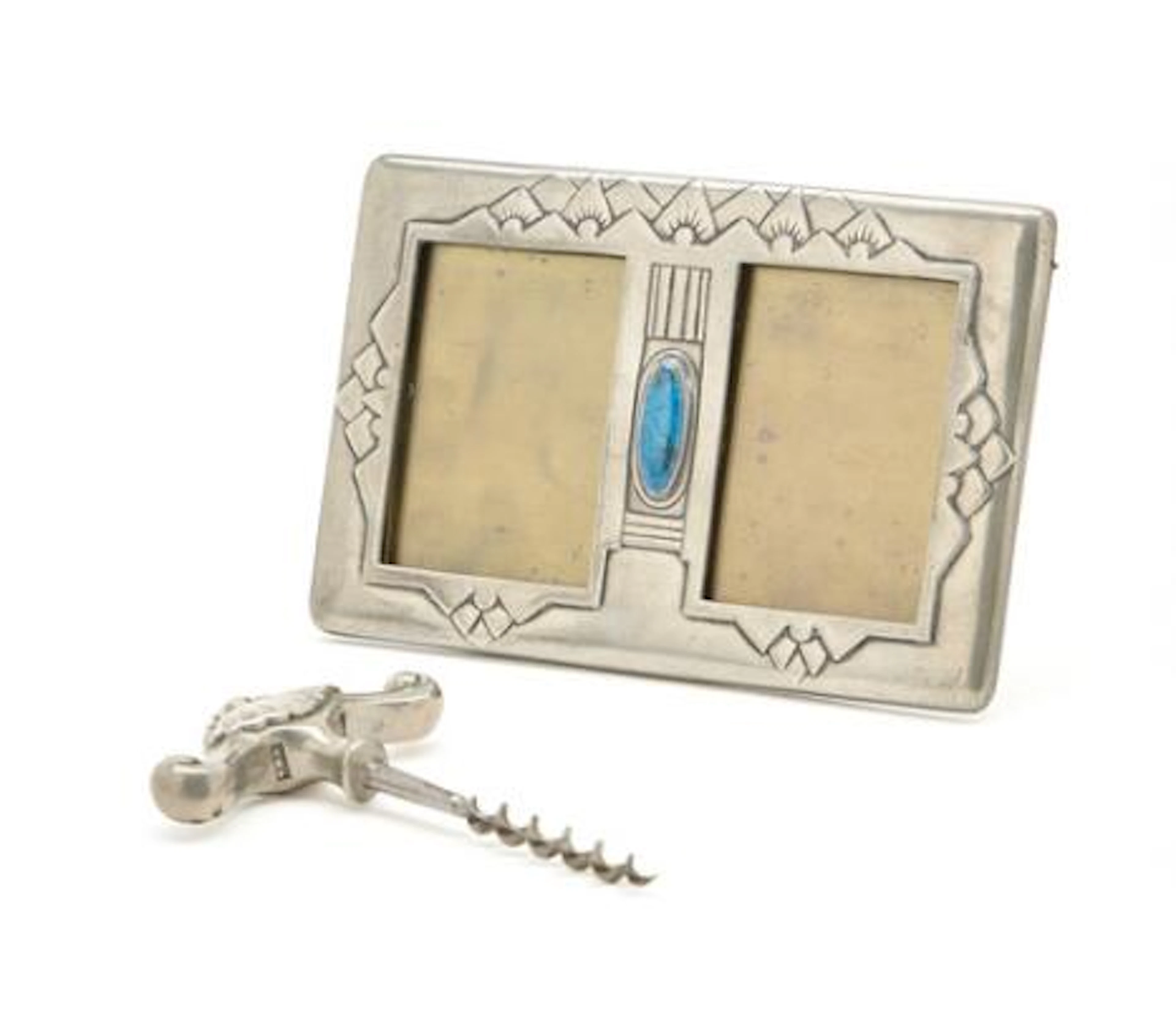 Mogens Ballin, a.o.: Pewter double frame and corkscrew. Frame with