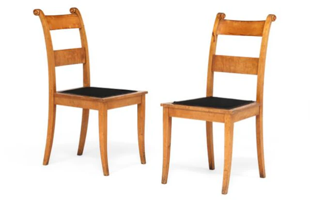 Cathrine Mathilde Horsbøl: A pair of birch chairs with volutes. Upholstered