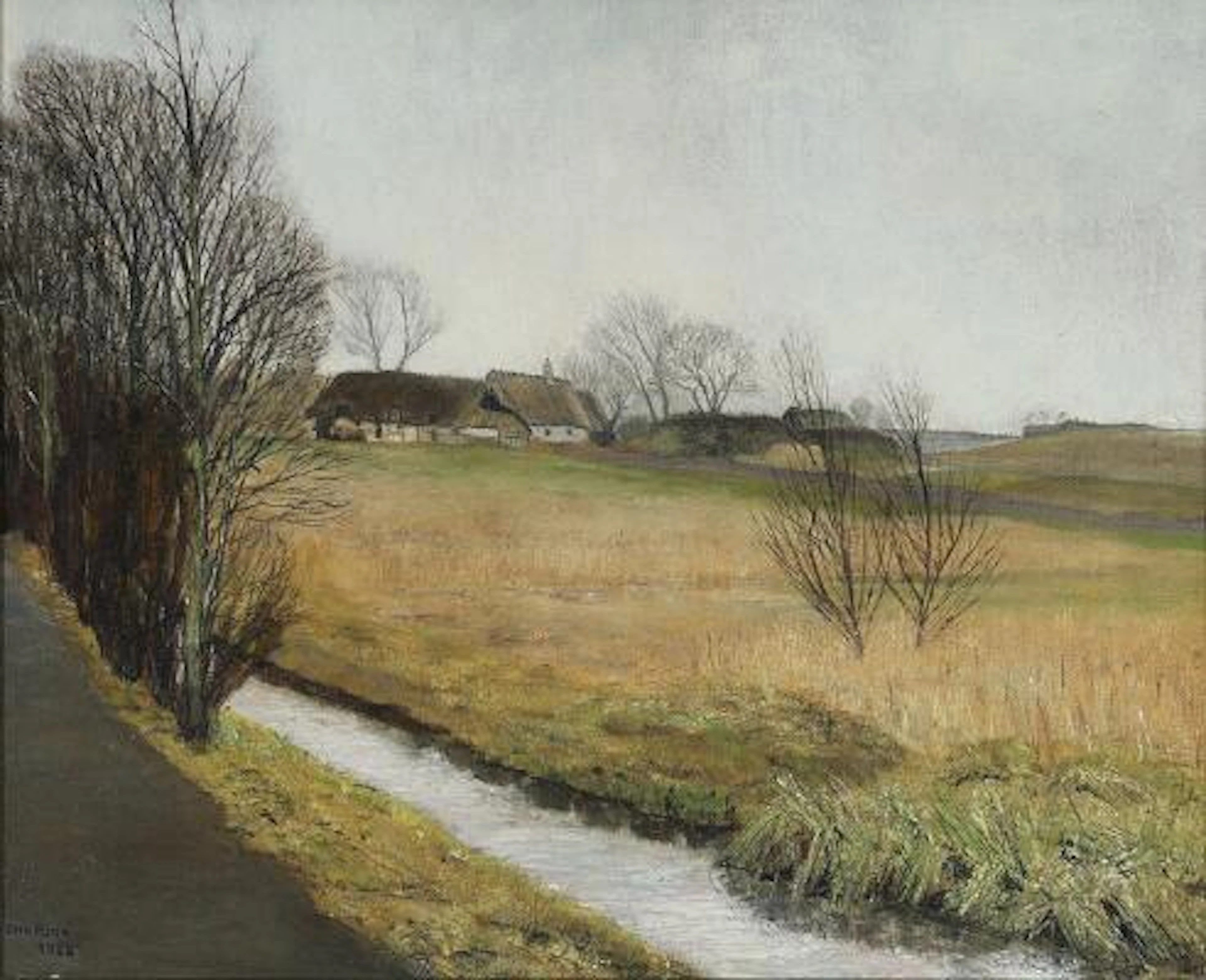 Ole Ring: A landscape with a stream and bare trees. Signed and dated