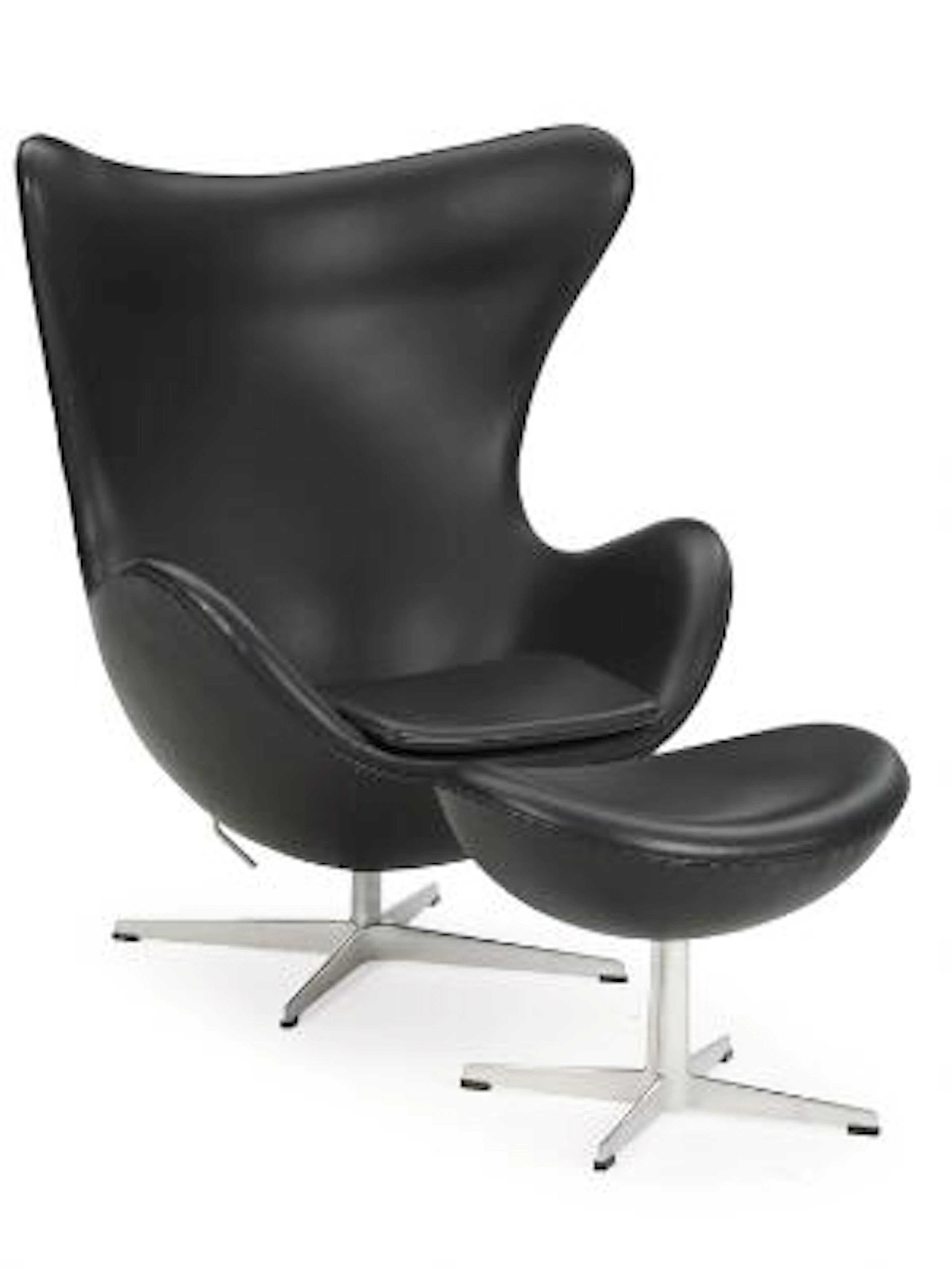 Arne Jacobsen: "Egg Chair". Easy chair and stool with steel and aluminium