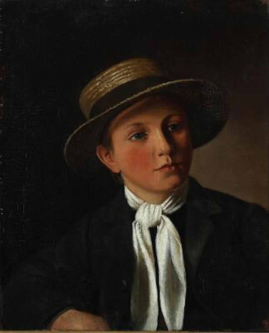 Frederik Rohde: Boy with straw hat and white neck scarf. Unsigned.