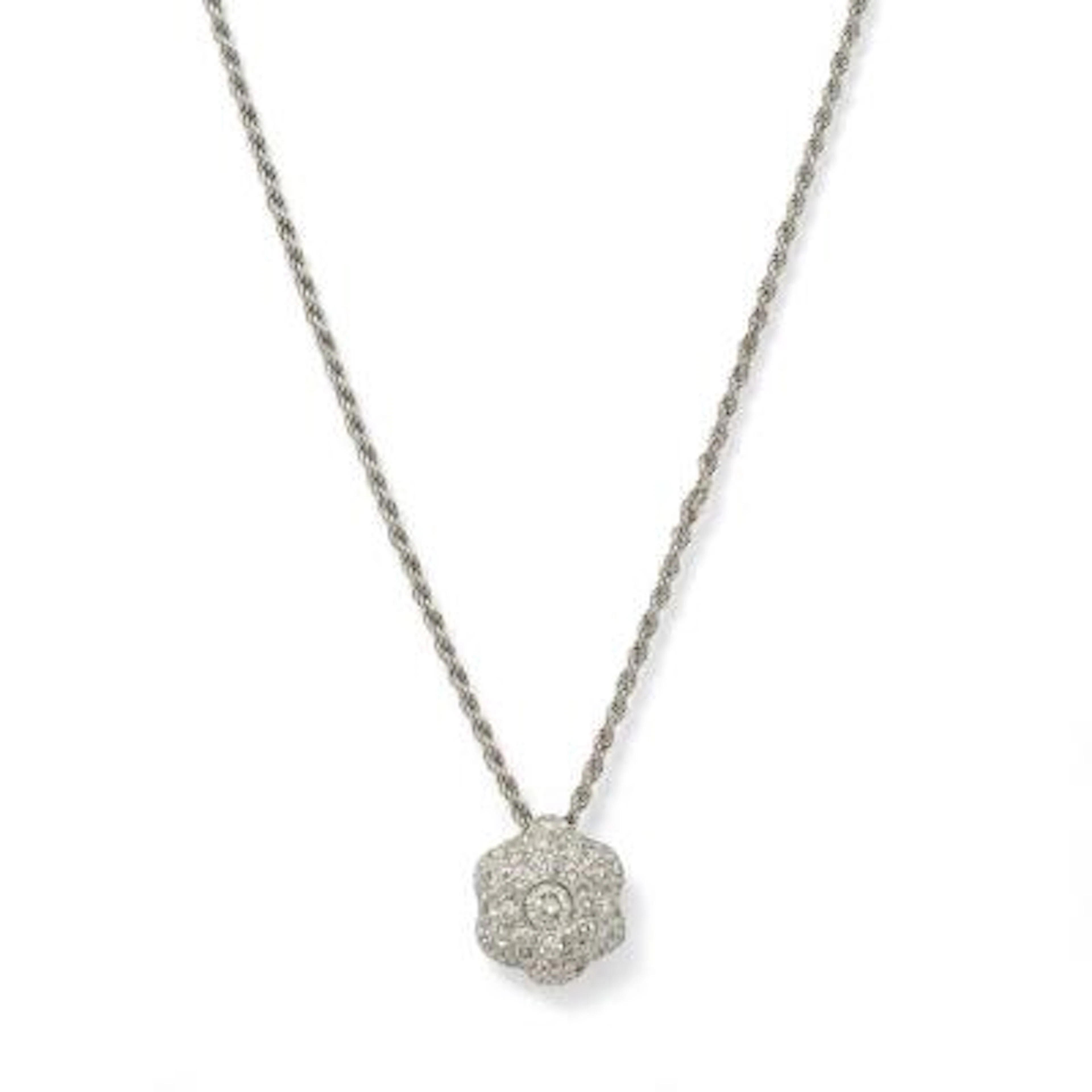 A necklace set with a diamond pendant, mounted in 18k white gold.