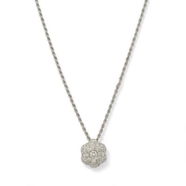 A necklace set with a diamond pendant, mounted in 18k white gold.