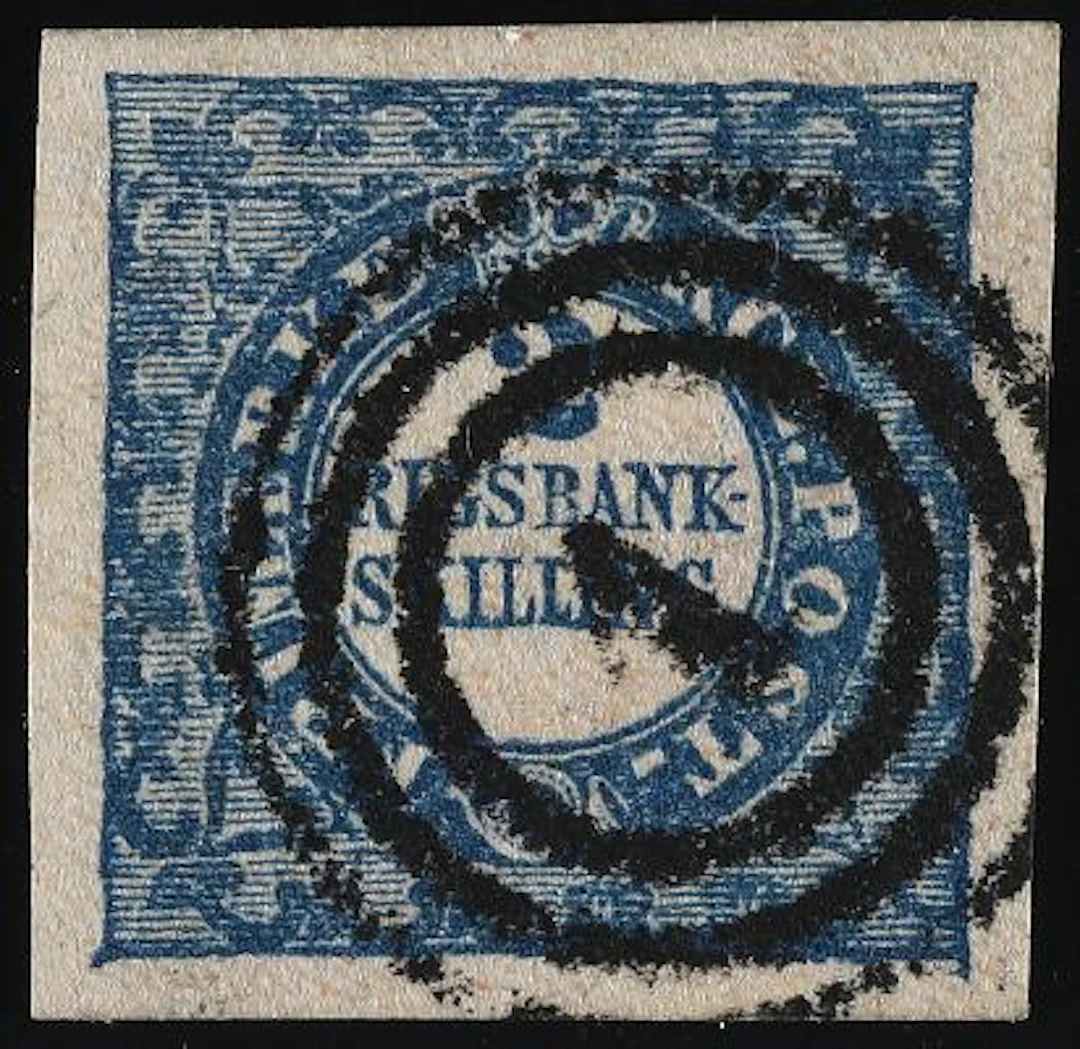1852. 2 Rigsbankskilling, blue. Thiele. Plate I, no. 12. Type 4. Very