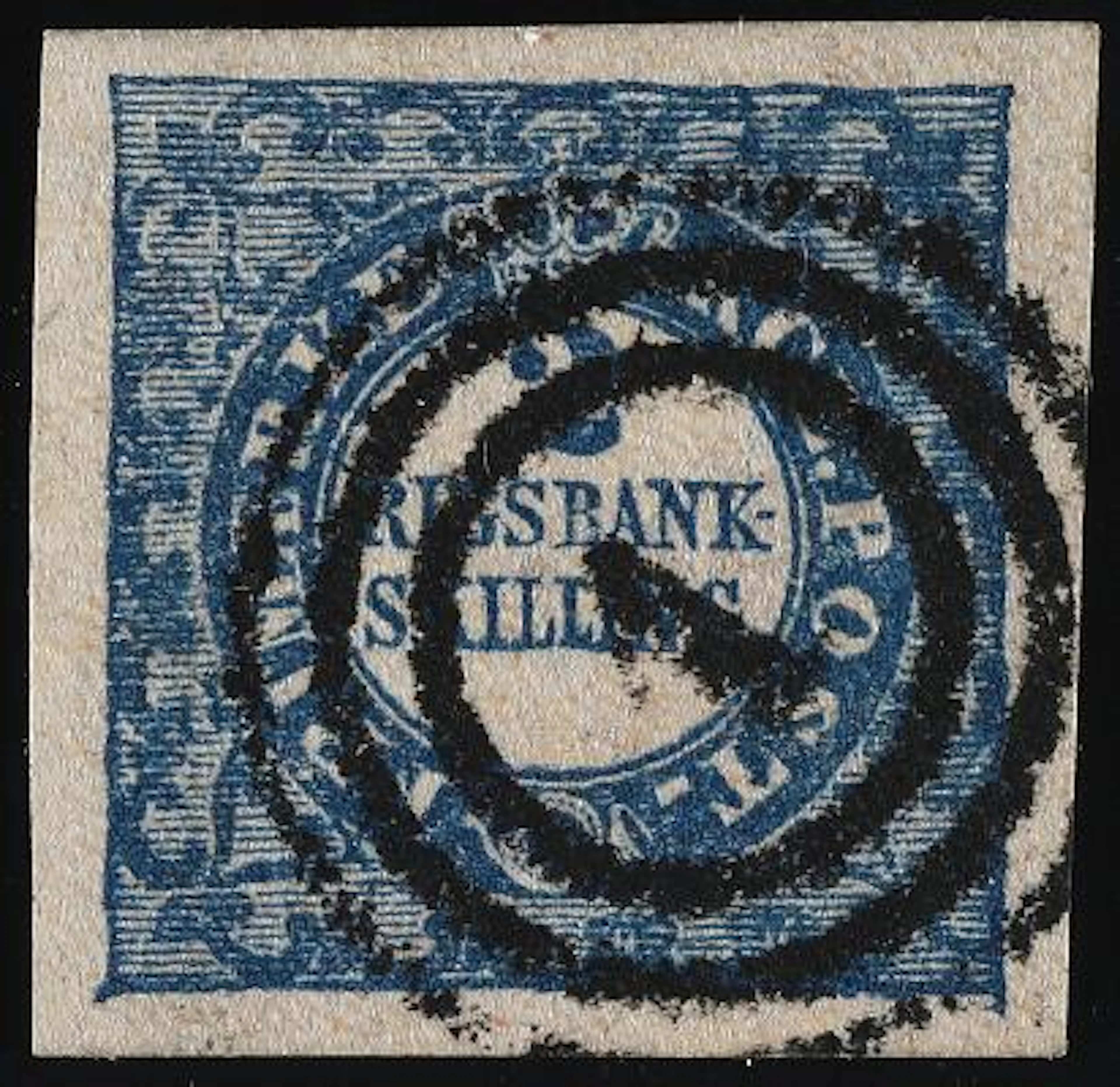 1852. 2 Rigsbankskilling, blue. Thiele. Plate I, no. 12. Type 4. Very