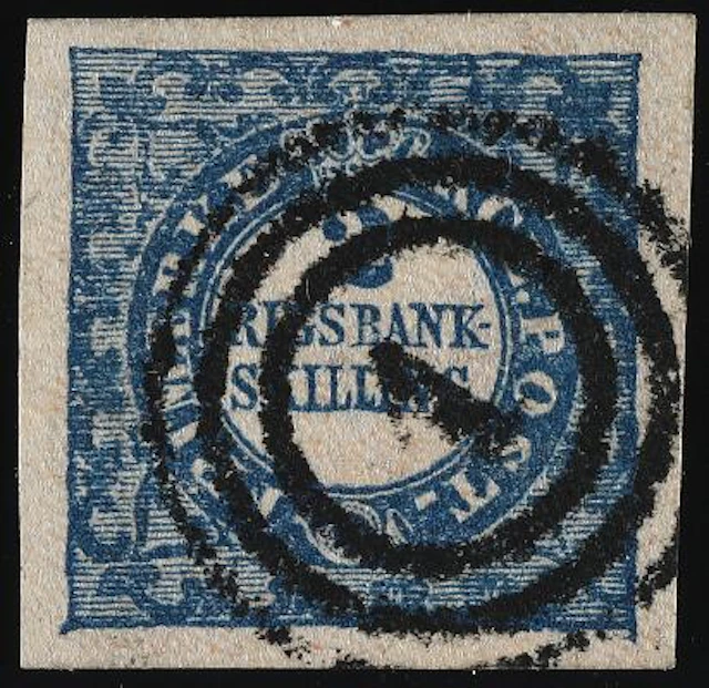 1852. 2 Rigsbankskilling, blue. Thiele. Plate I, no. 12. Type 4. Very