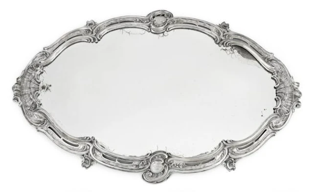 A. Dragsted: A Large Danish Rococo Revival silver mirror plateau with