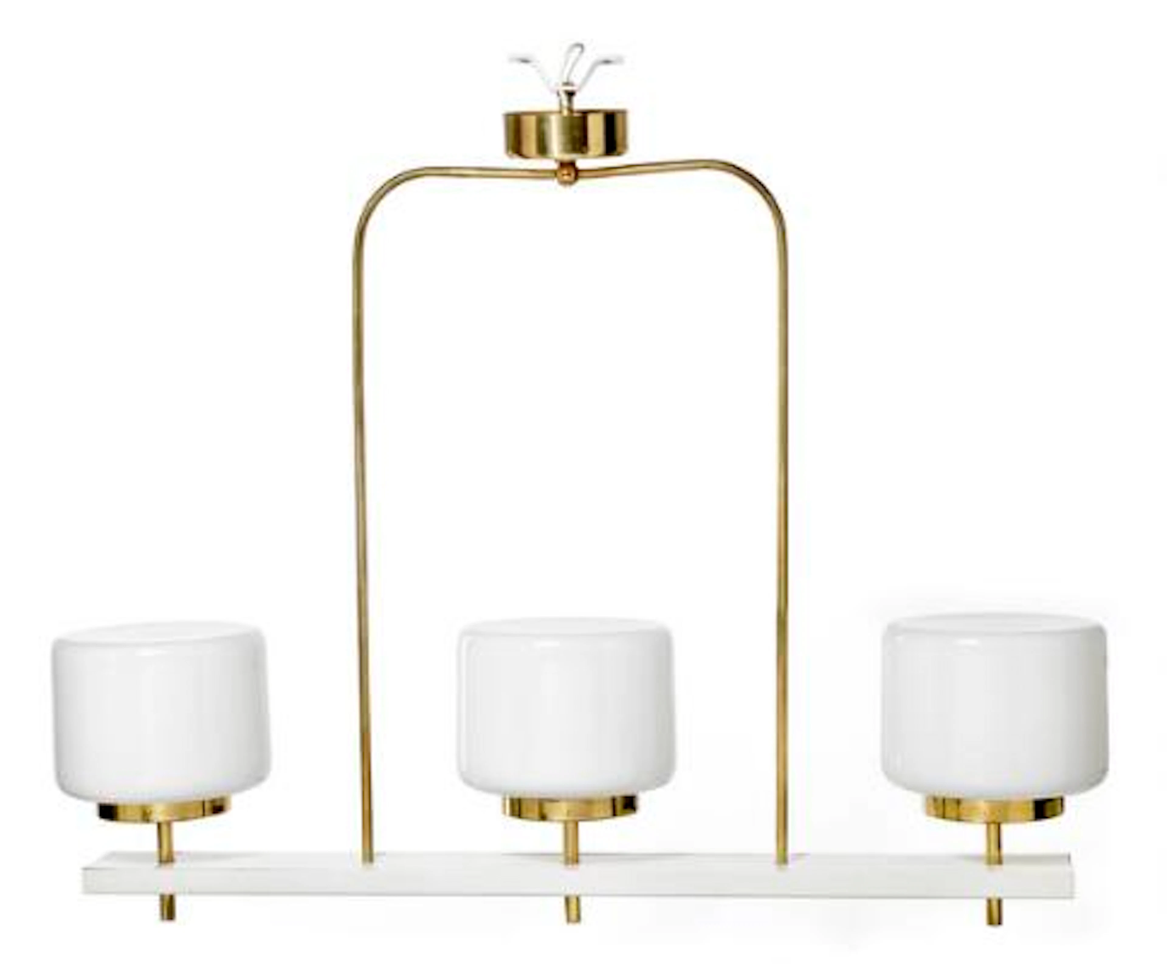 Paavo Tynell: Ceiling lamp with white painted metal and brass frame.