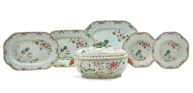 Six pieces of famille rose porcelain. China, Qianlong 1736-95. L.