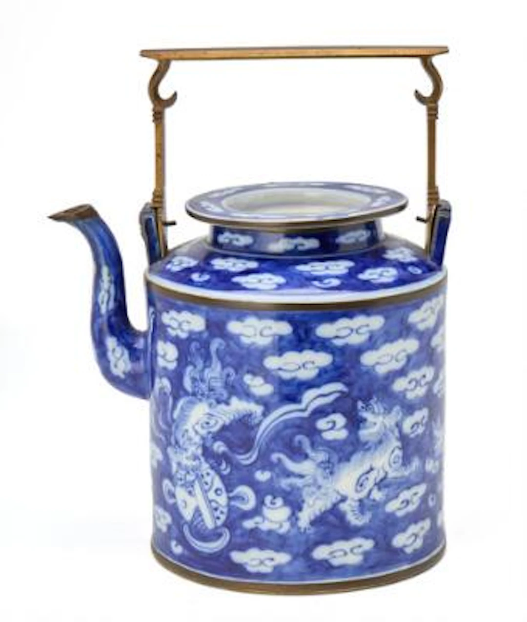 A Chinese blue and white porcelain teapot with bronze mounts, 20th