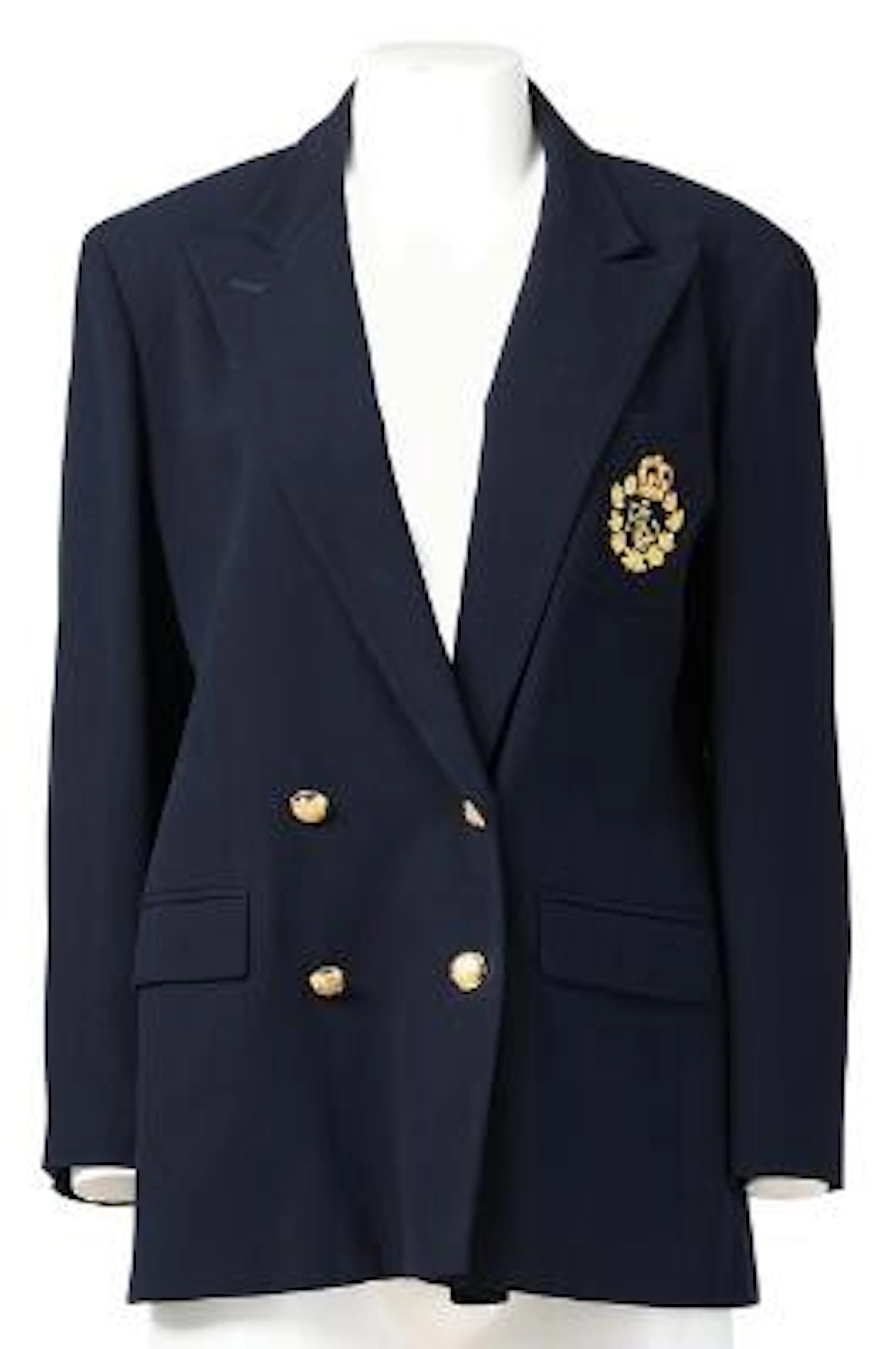 Ralph Lauren: A navy blue wool blazer with an emblem motif and gold-toned