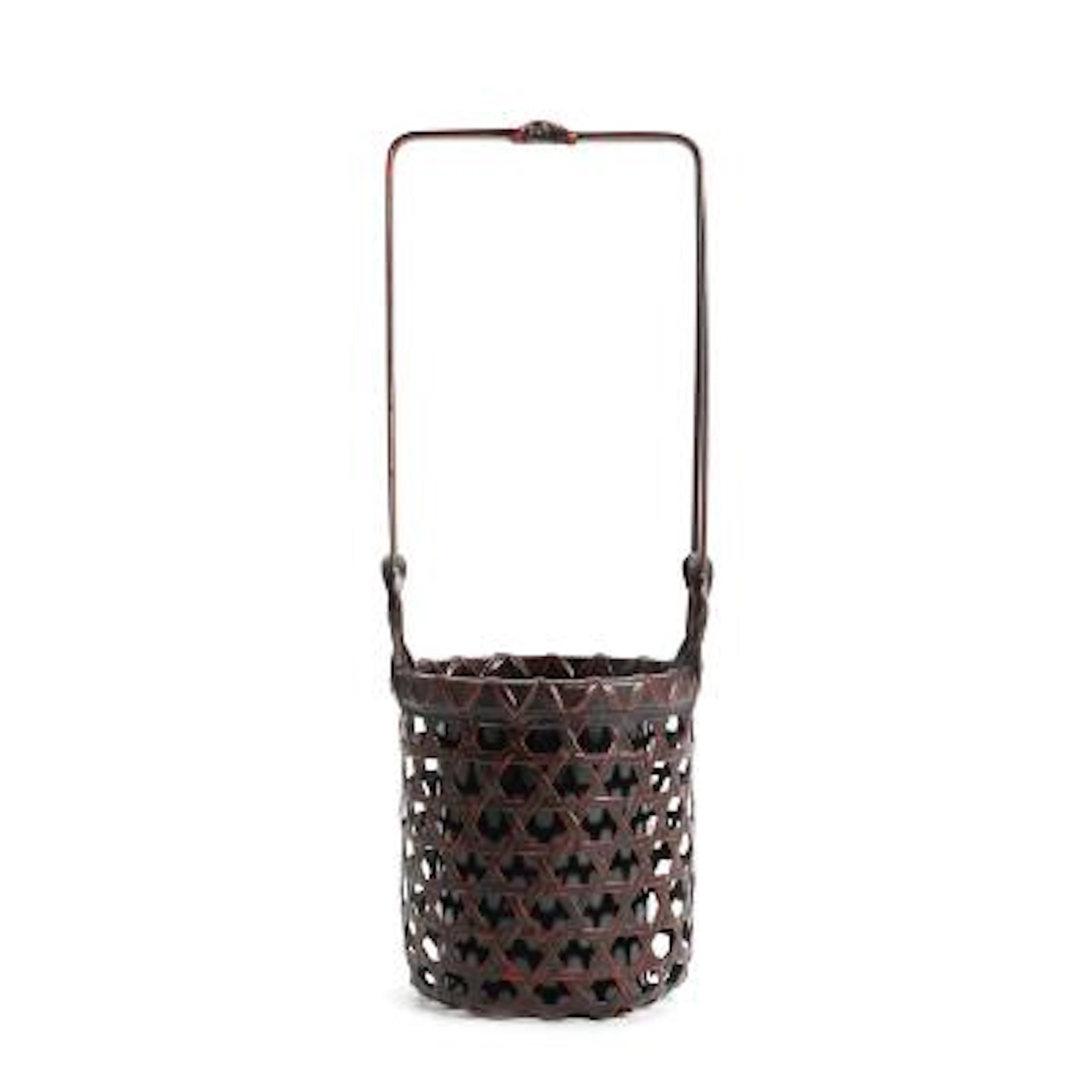 Ikebana basket of dark lacquered, woven bamboo with high handle. Japan.