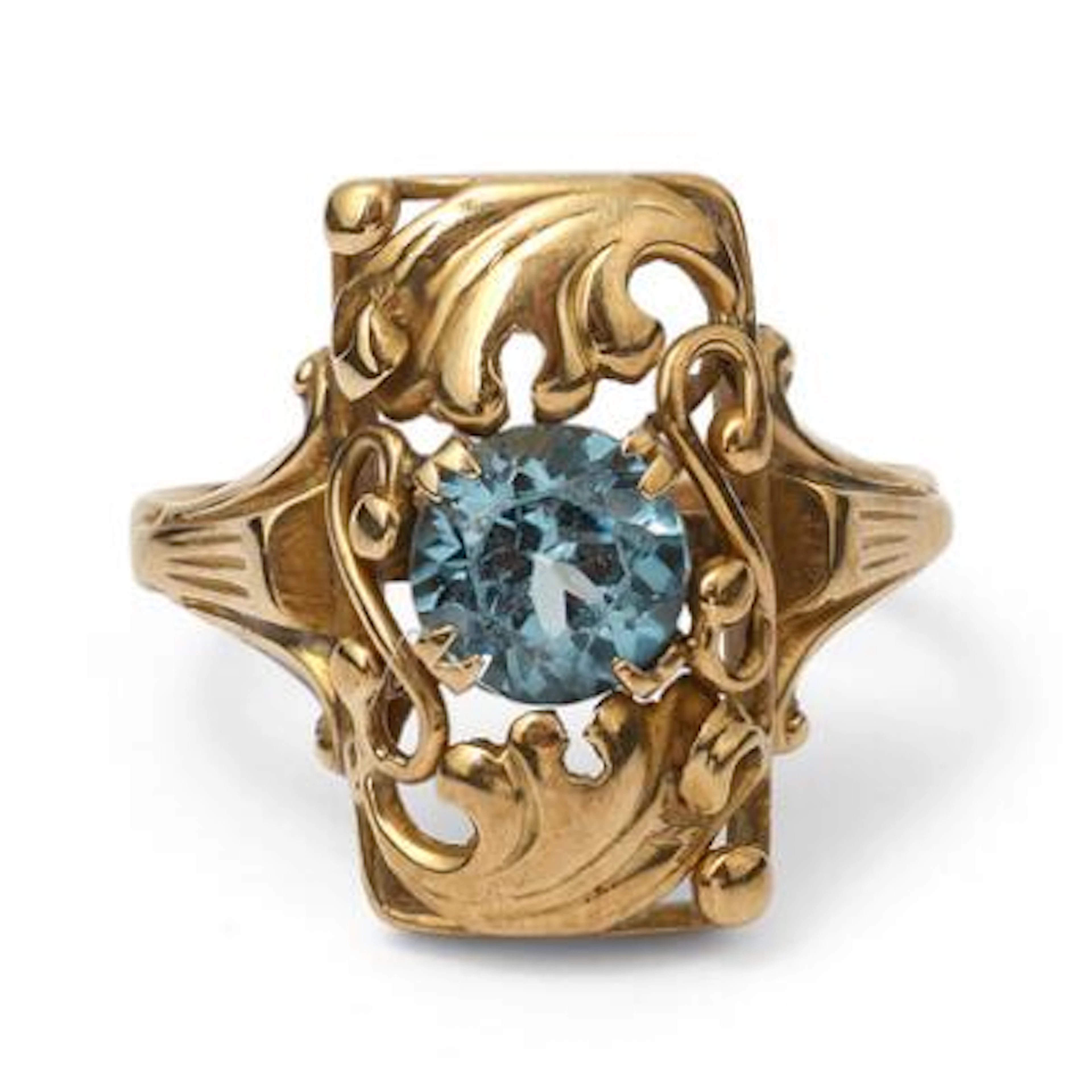 A spinel ring set with a circular-cut synthetic blue spinel, mounted
