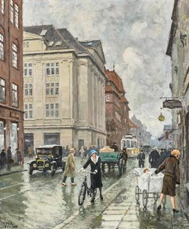 Paul Fischer: A Busy Day on Gothersgade. Signed Paul Fischer. Oil