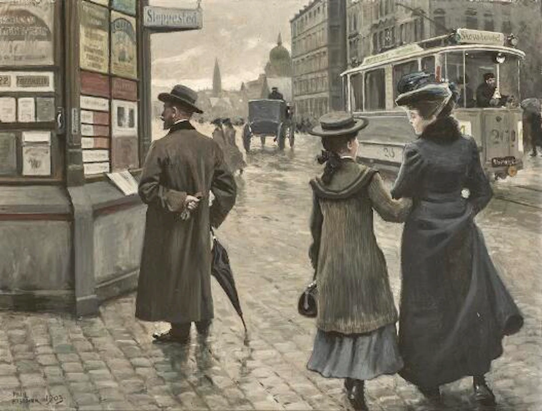 Paul Fischer: A busy day at the old tram station at Øster Farigmagsgade.