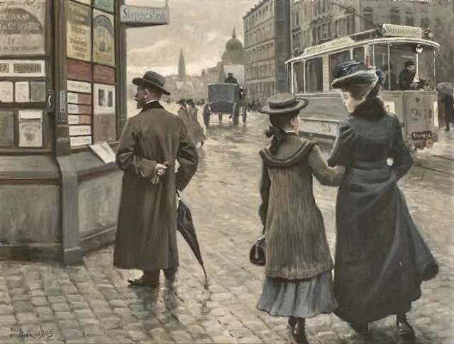 Paul Fischer: A busy day at the old tram station at Øster Farigmagsgade.