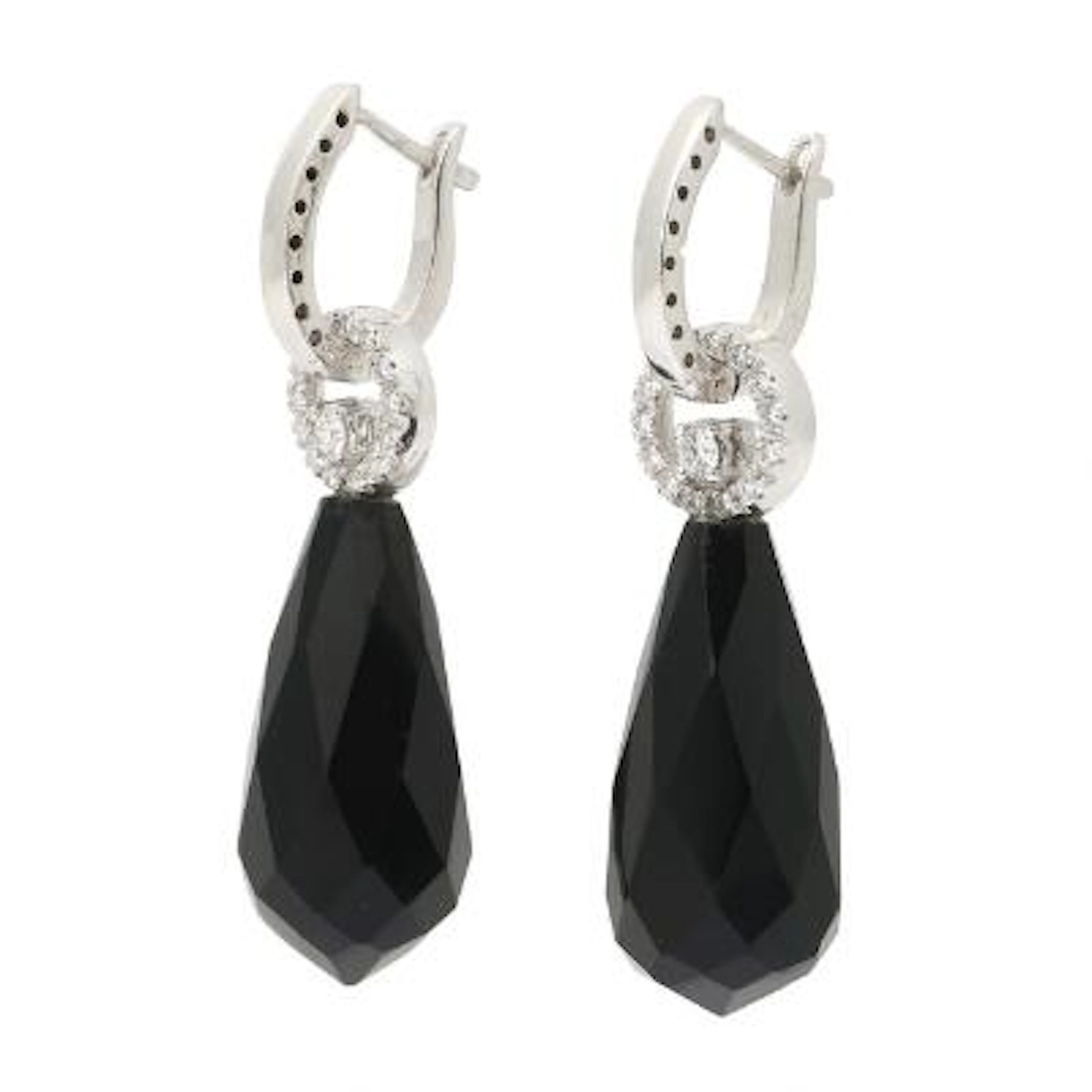 A pair of onyx and diamond ear pendants set with onyx and diamonds