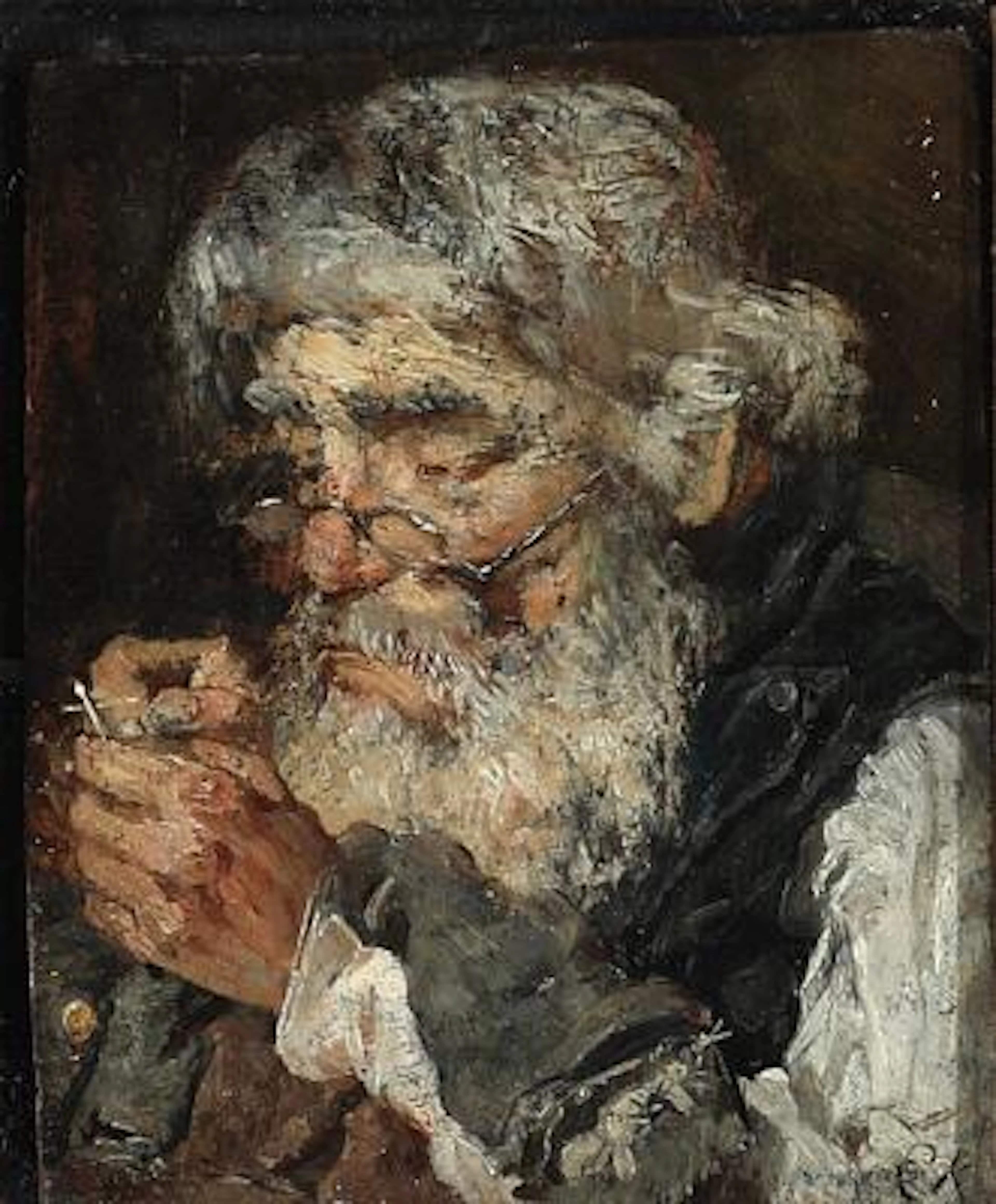 Christian Krohg: An old man threading a needle. Signed C. K. Oil on