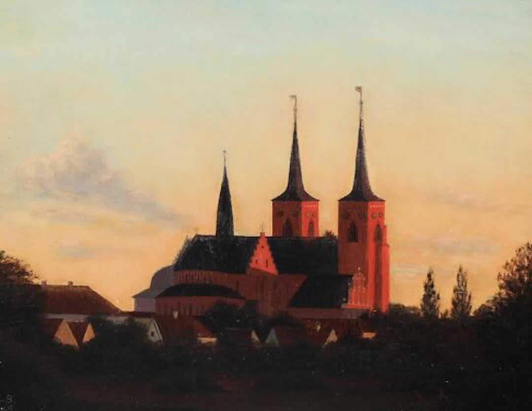 Unknown painter, 19th century: "Roskilde Domkirke i aftensol". Signed.