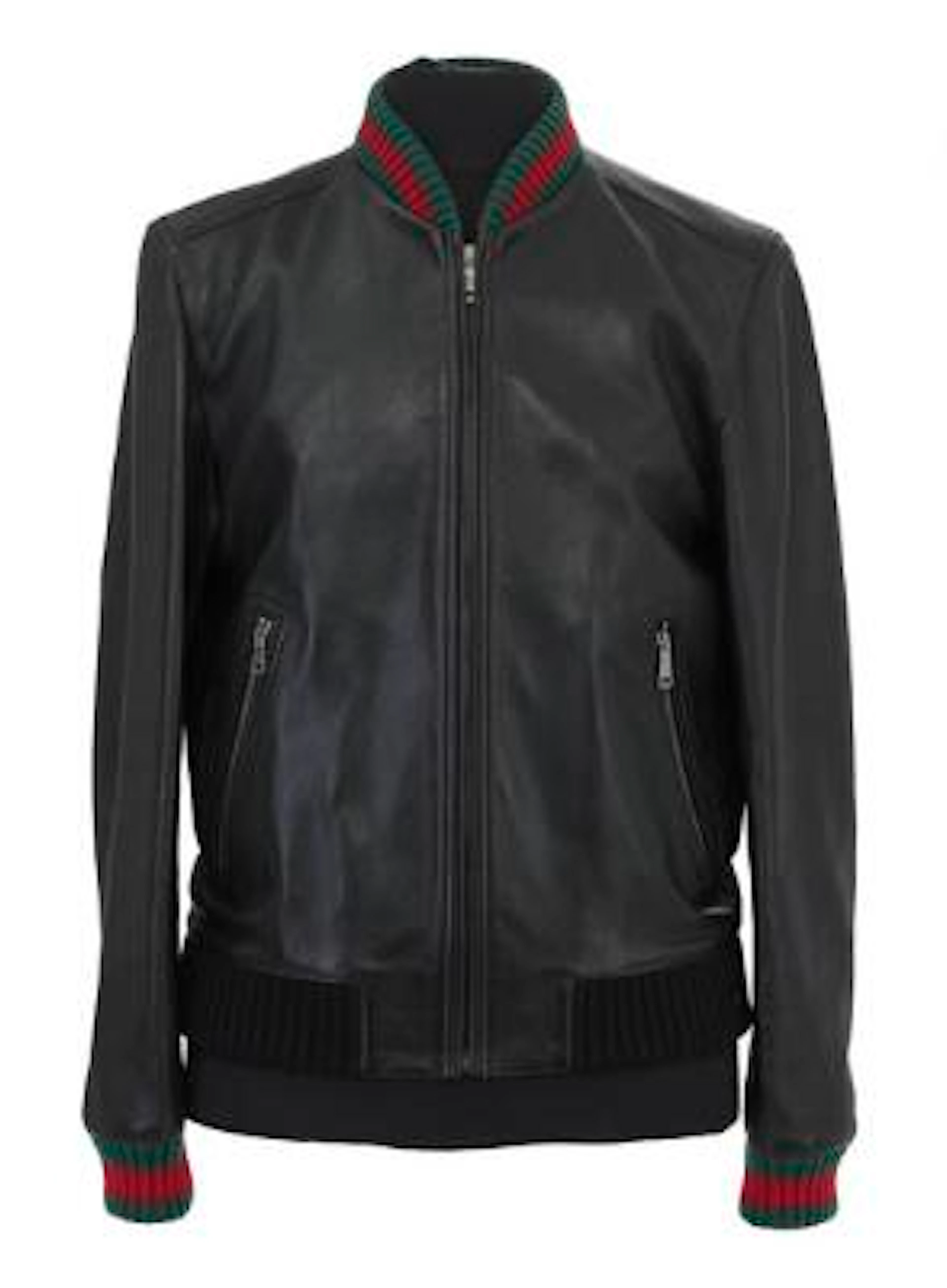 Gucci: A black mens leather jacket of lamb skin with a zipper down