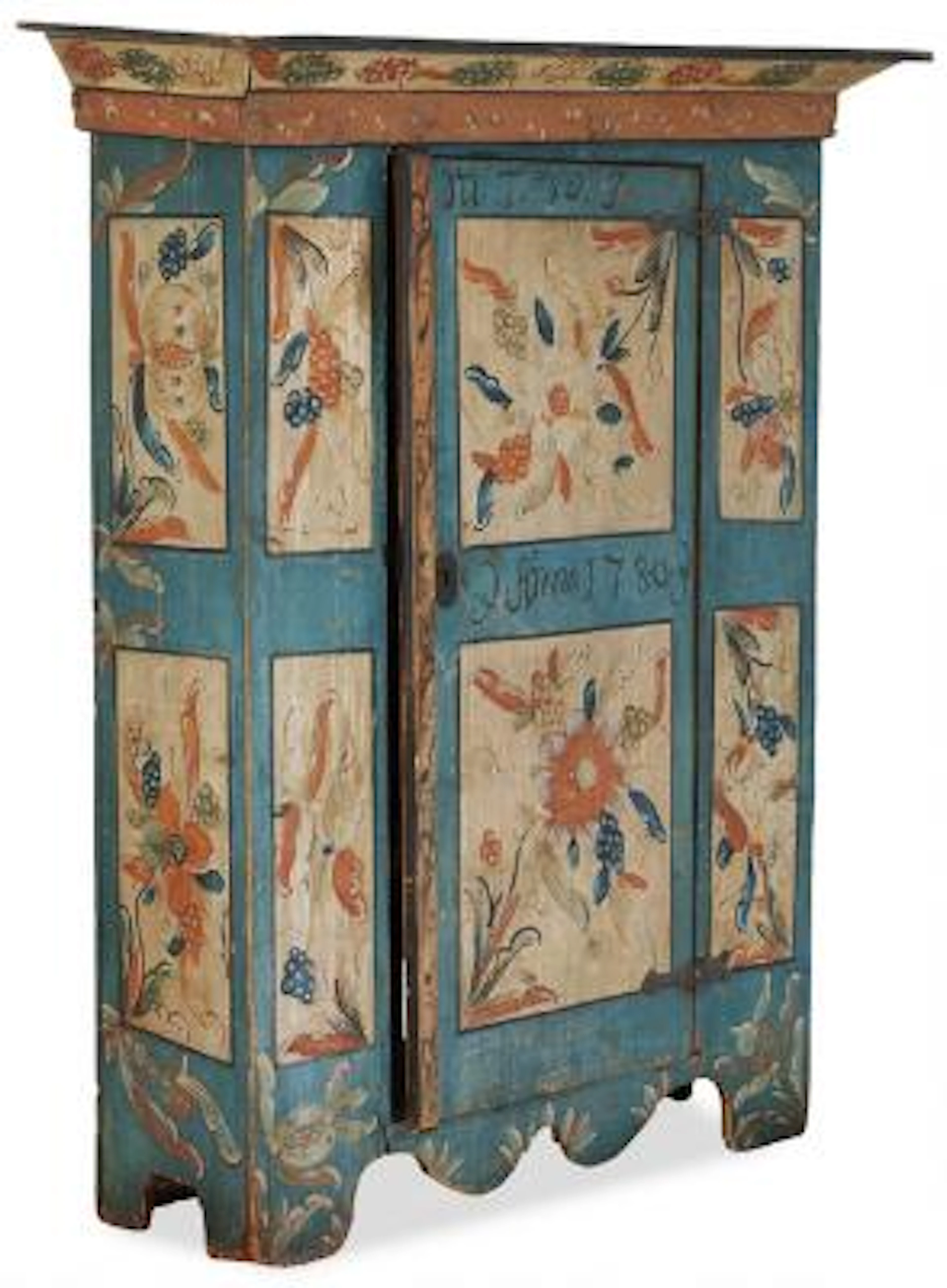 A painted wooden cupboard decorated with flowers and foliage. 18th/19th