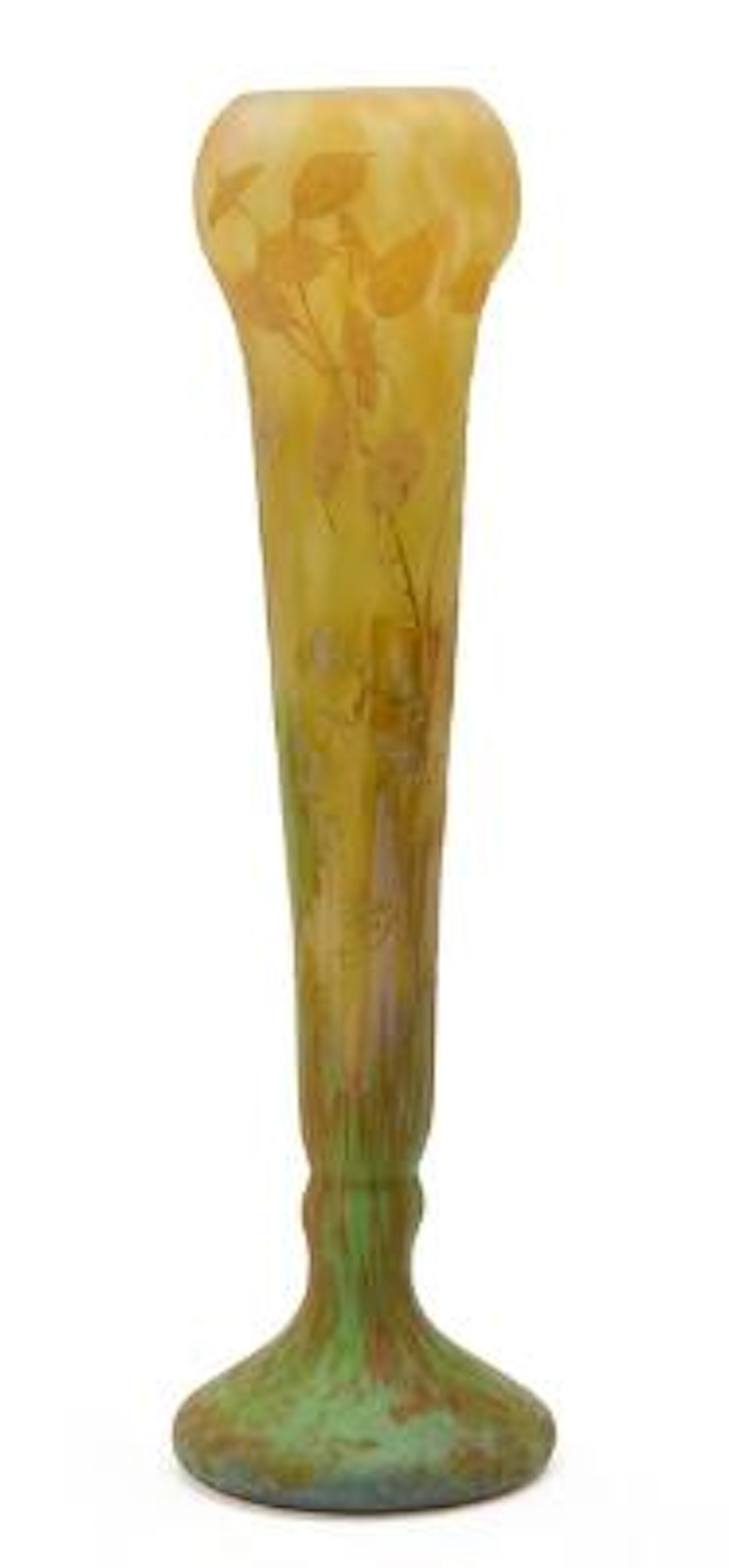 Daum Nancy: A tall cameo vase of frosted yellow and blue-purple glass