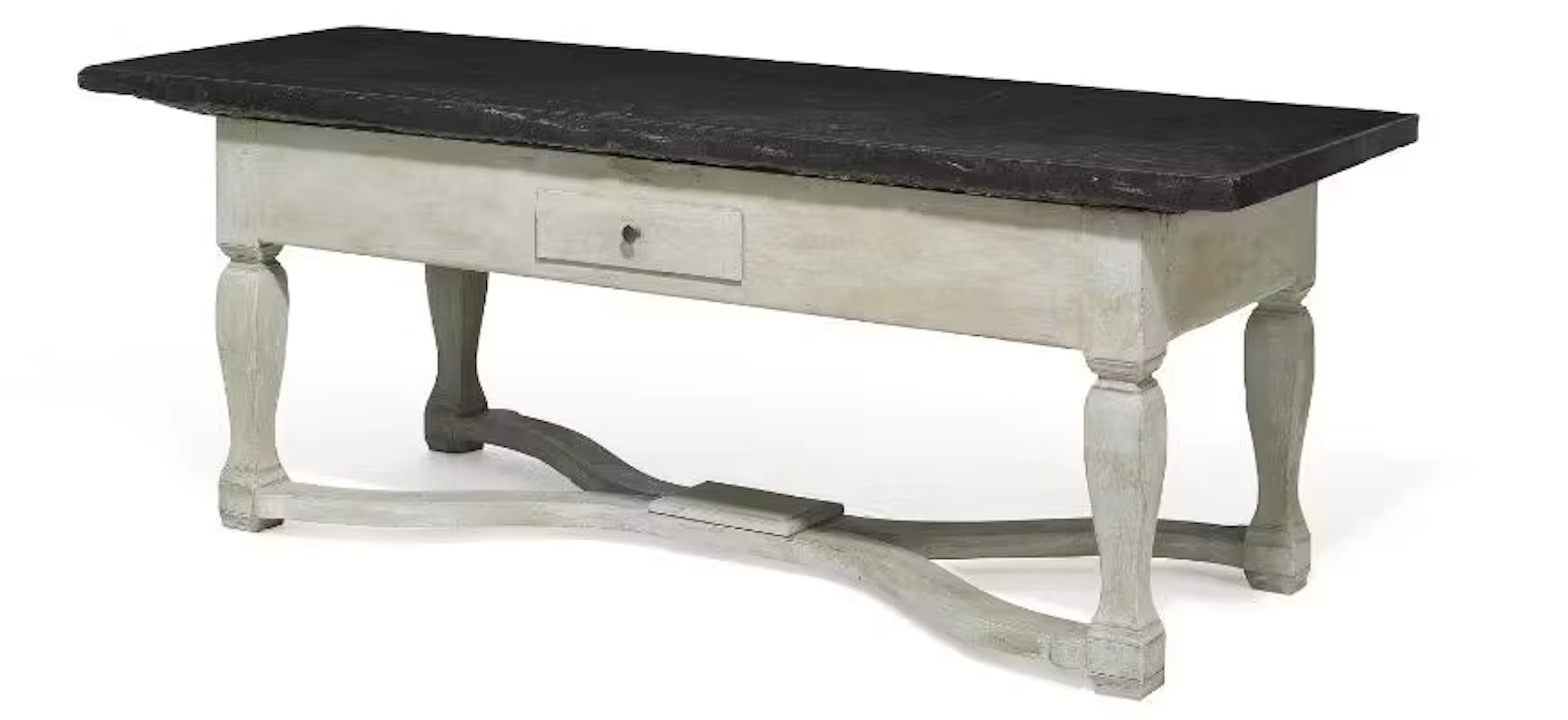 A large Swedish stone top table with light painted oak and pinewood
