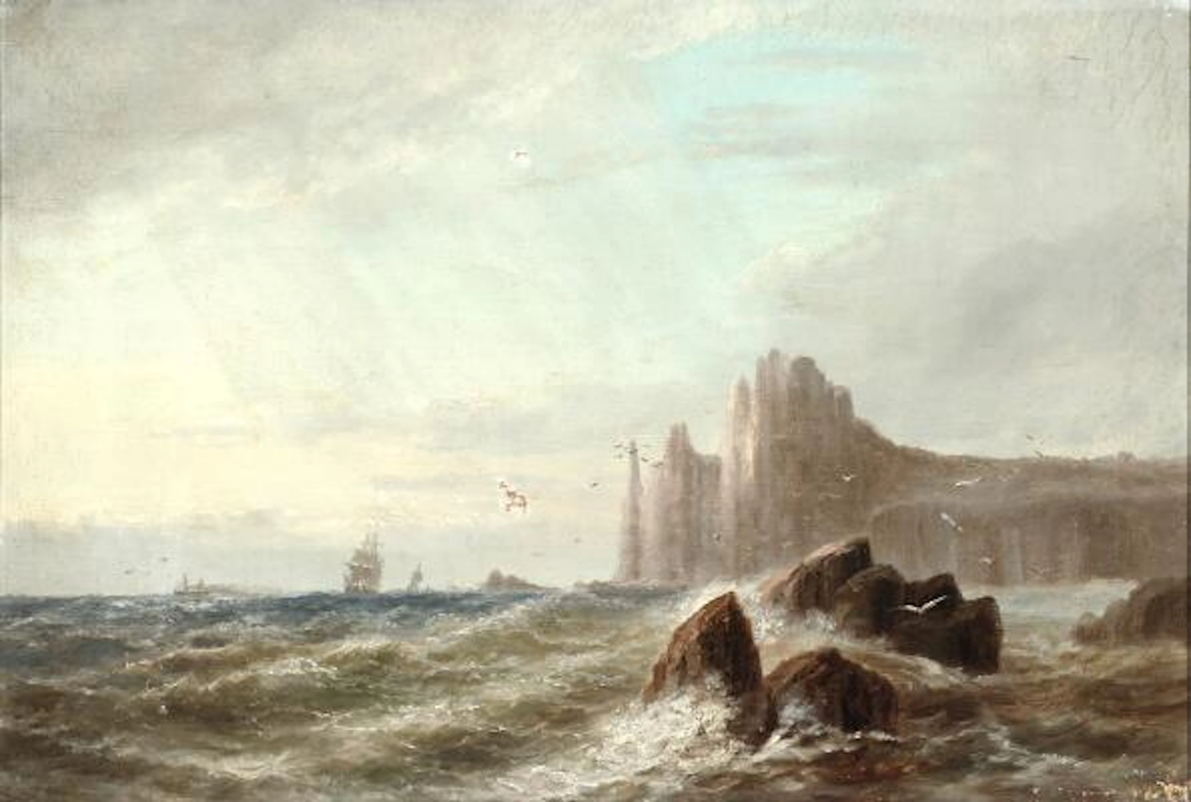 Anton Melbye: Seascape with sailing ships near a rocky coast. Verso