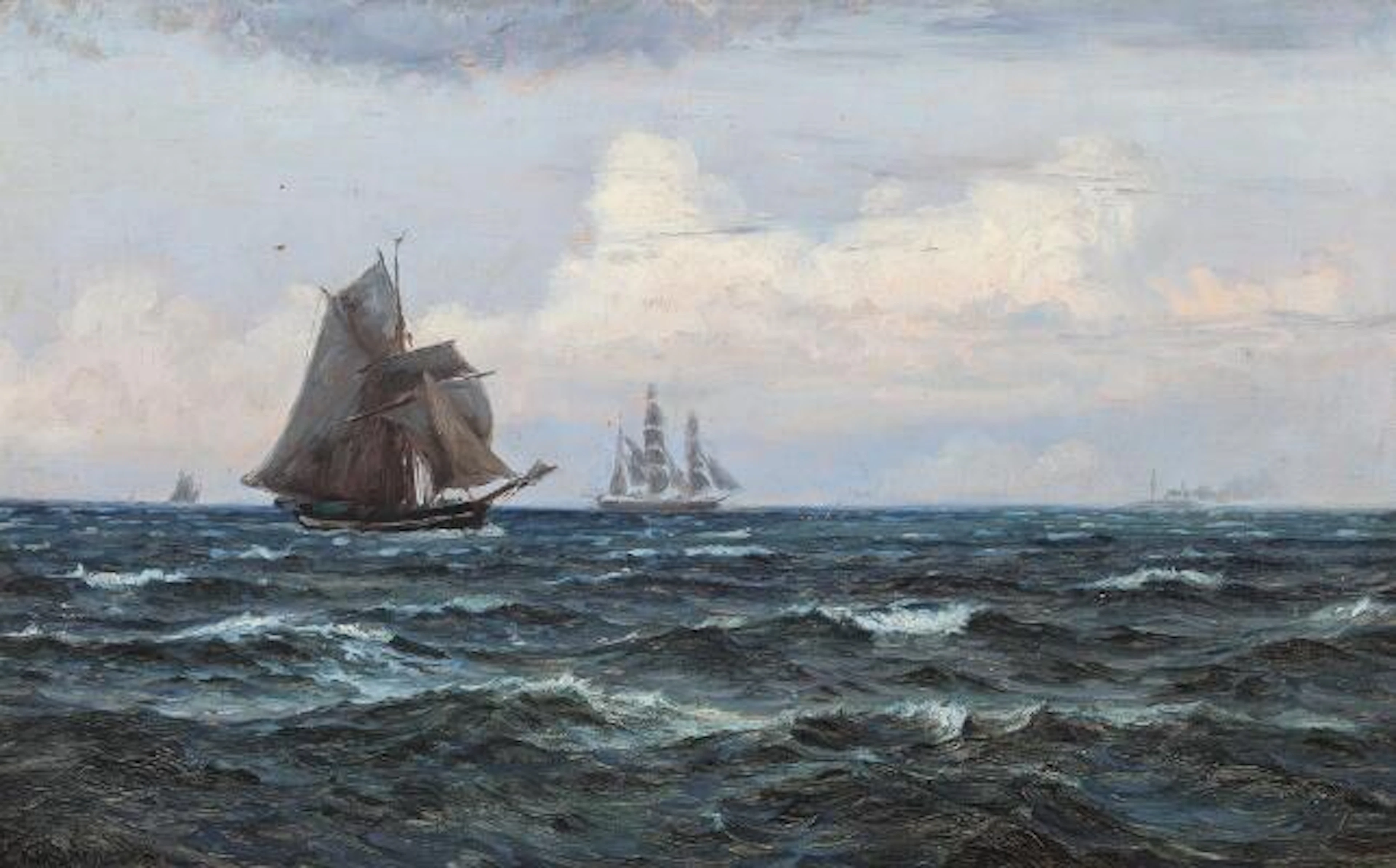 Vilhelm Arnesen: Seascape with Ships on Open Water. Signed Vilh. Arnesen.