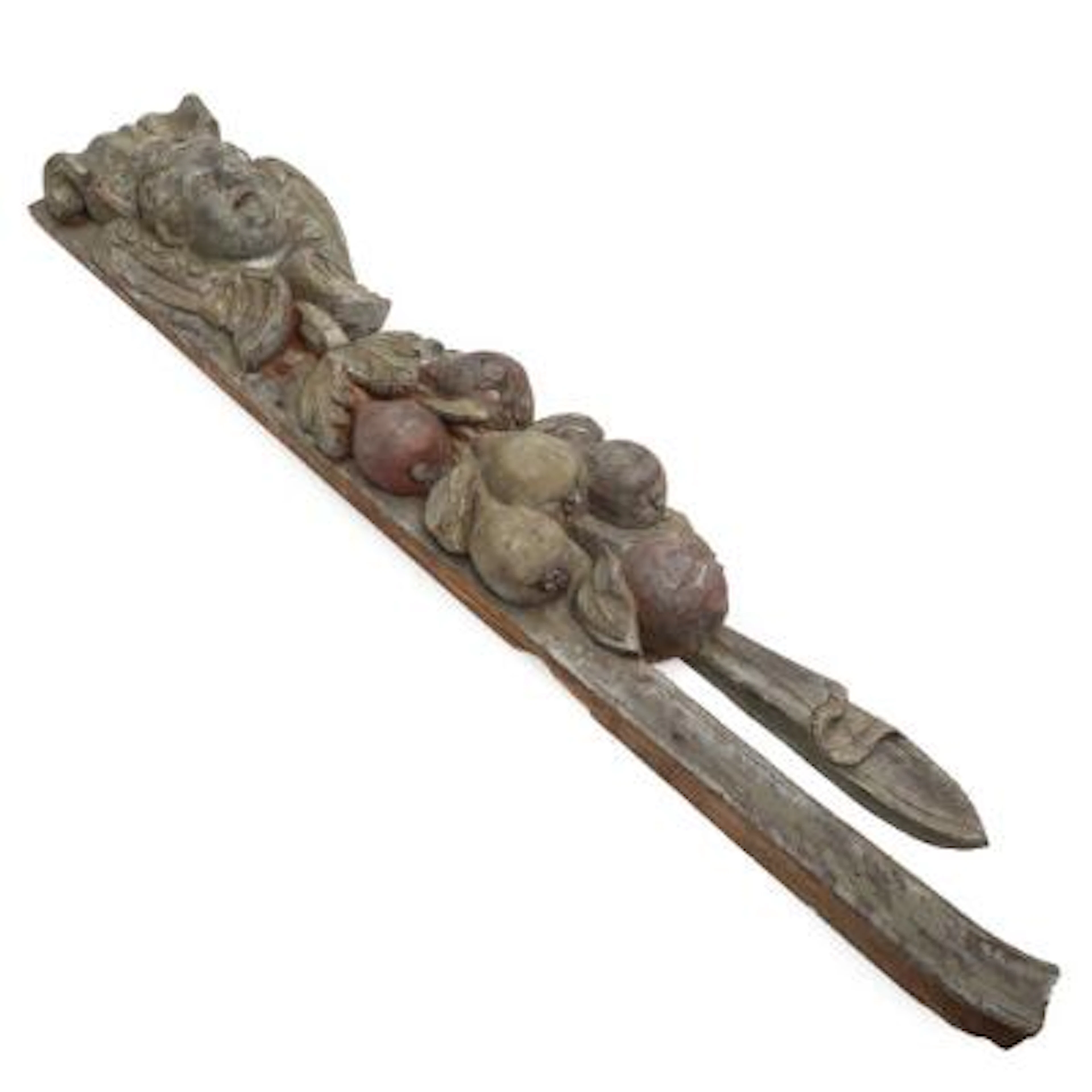 A circa 1700 Baroque painted wood carving, adorned with putto, foliage