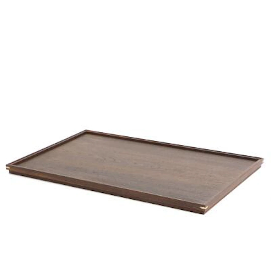 Danish design: Serving tray in smoked oak with brass corner fittings.