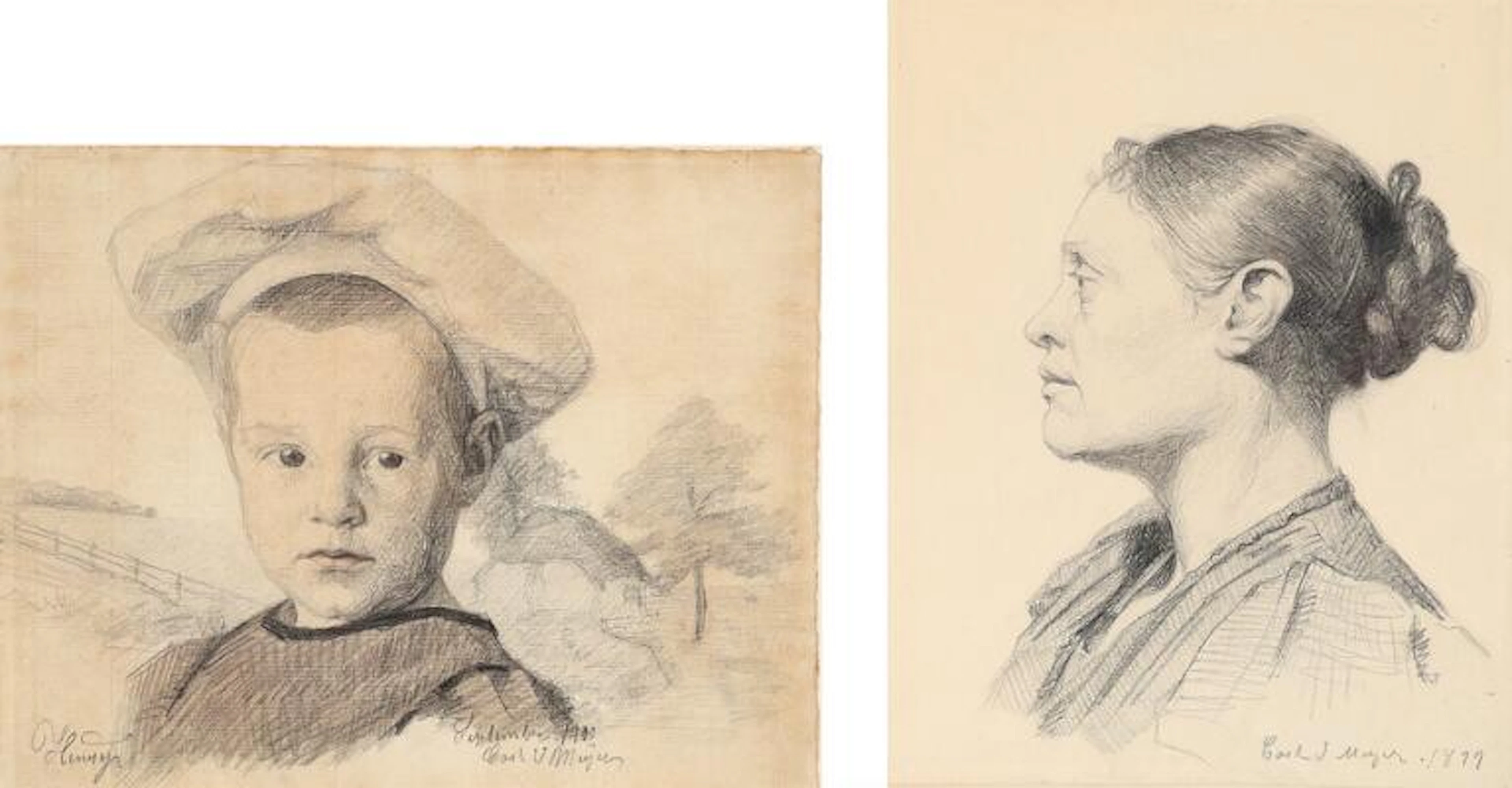 Carl V. Meyer: Two portraits. Signed Carl V. Meyer. Pencil on paper.