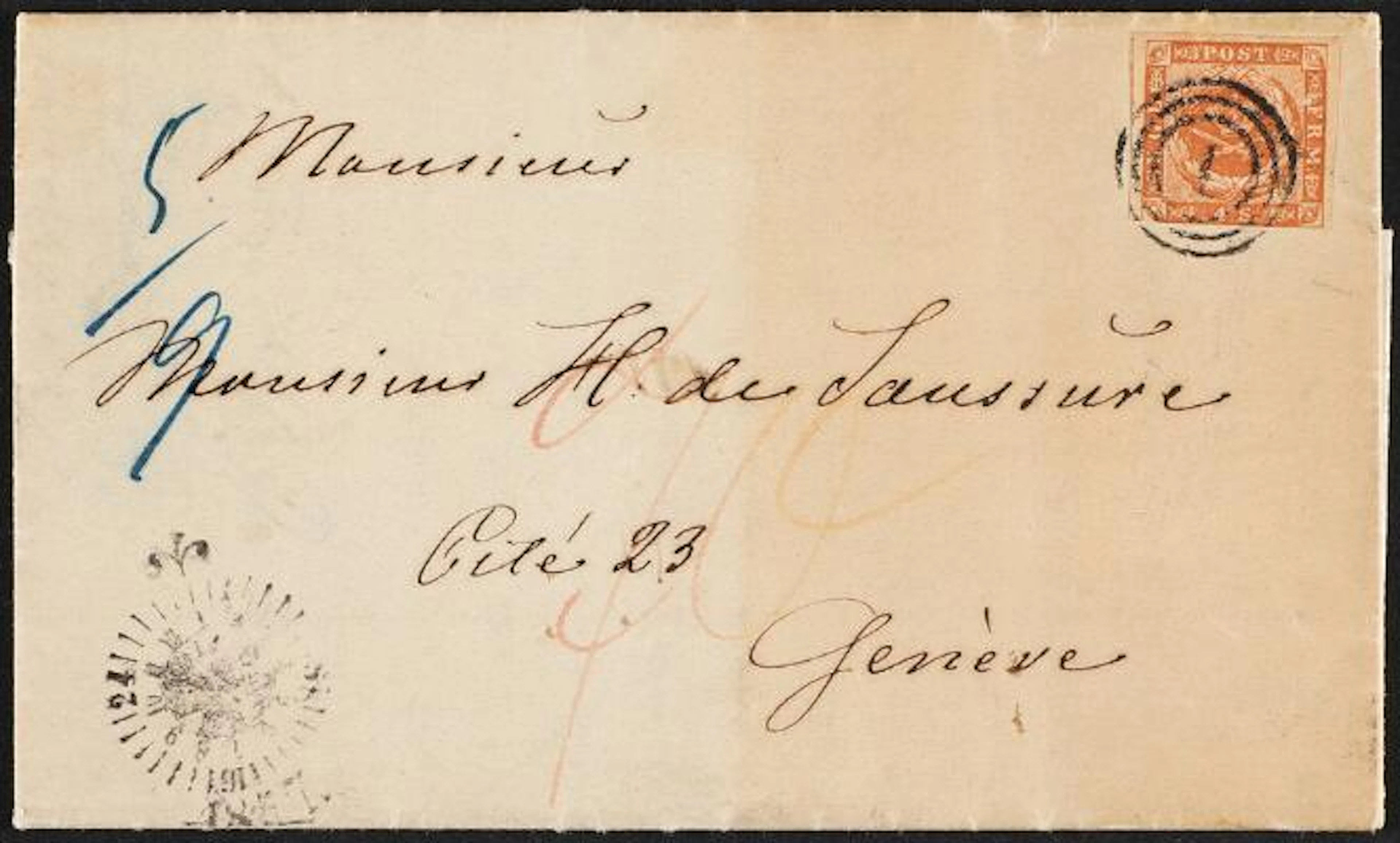 1854. 4 sk. brown Partly prepaid cover from København to Switzerland.