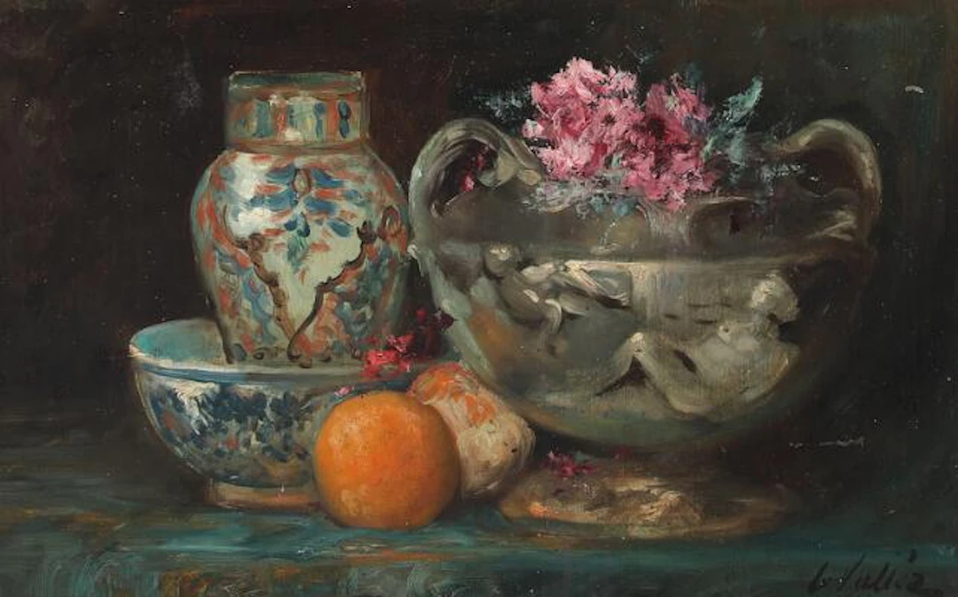 L. Vallez: Still life with a jug, fruit and flowers. Signed Le. Vallez.