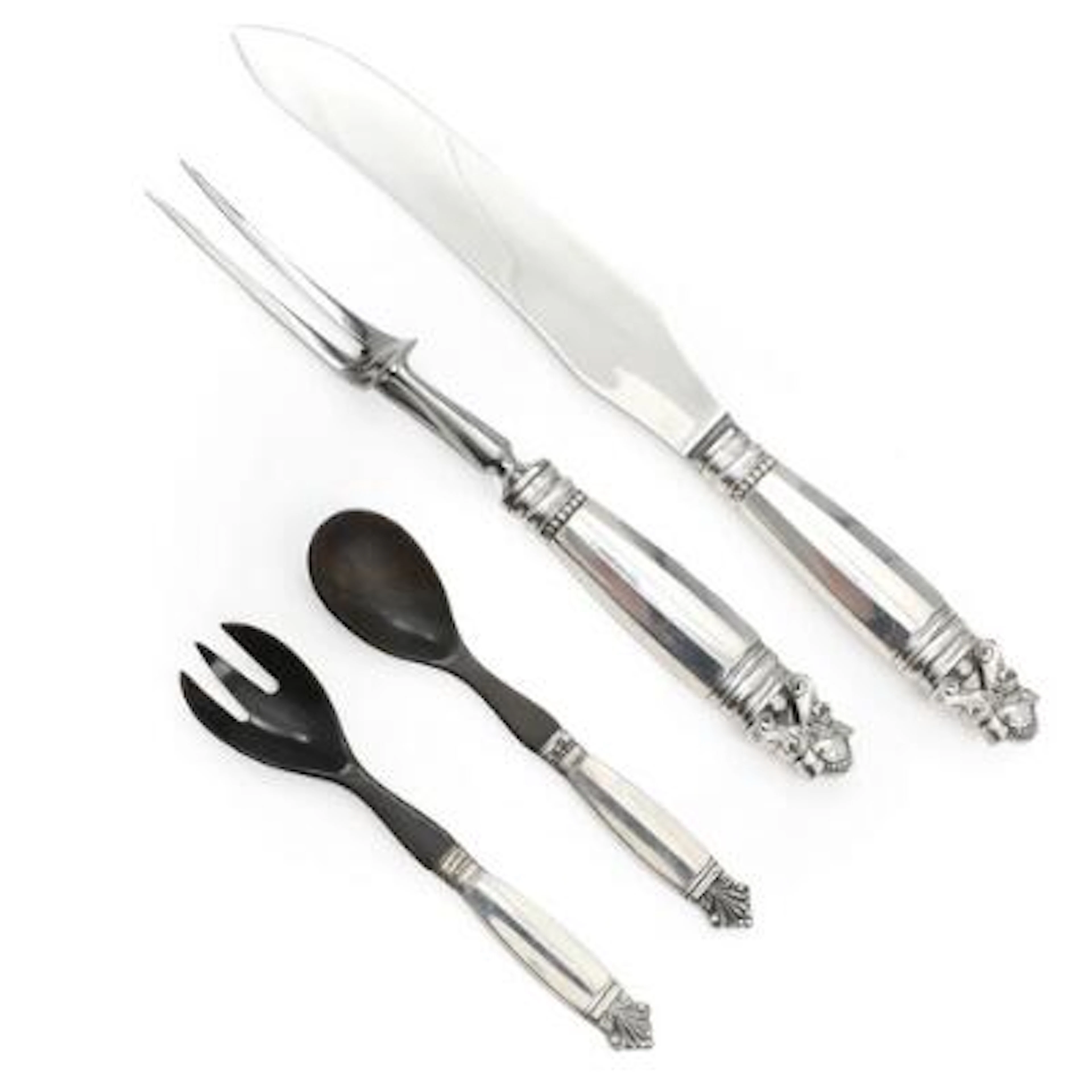 Johan Rohde: "Acorn" carving set and "Acanthus" salad set with silver