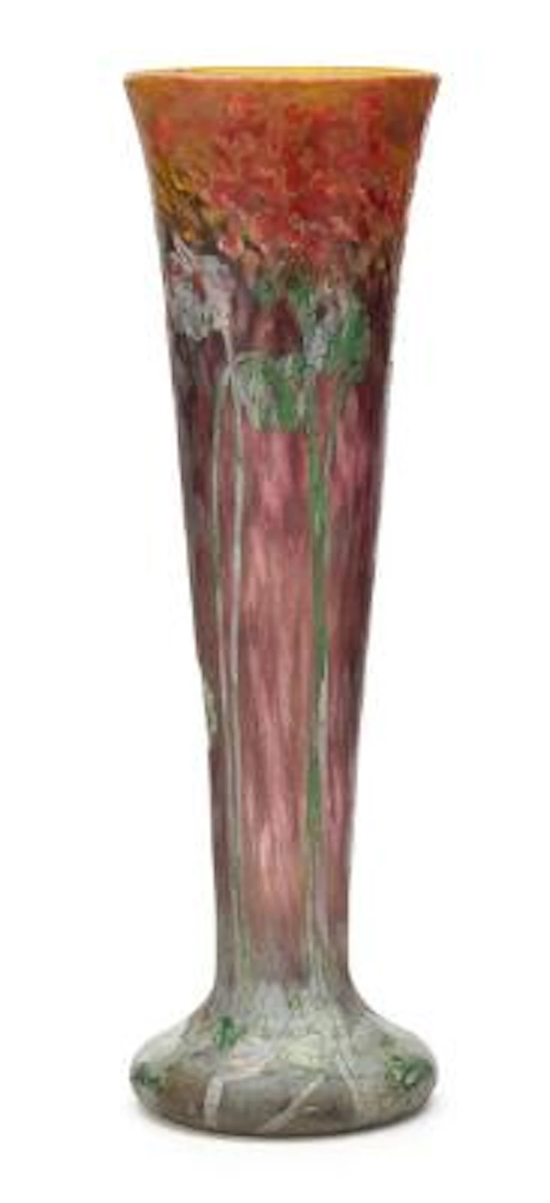 Daum Nancy: Tall vase of clear, red-purple and yellow glass with overlay