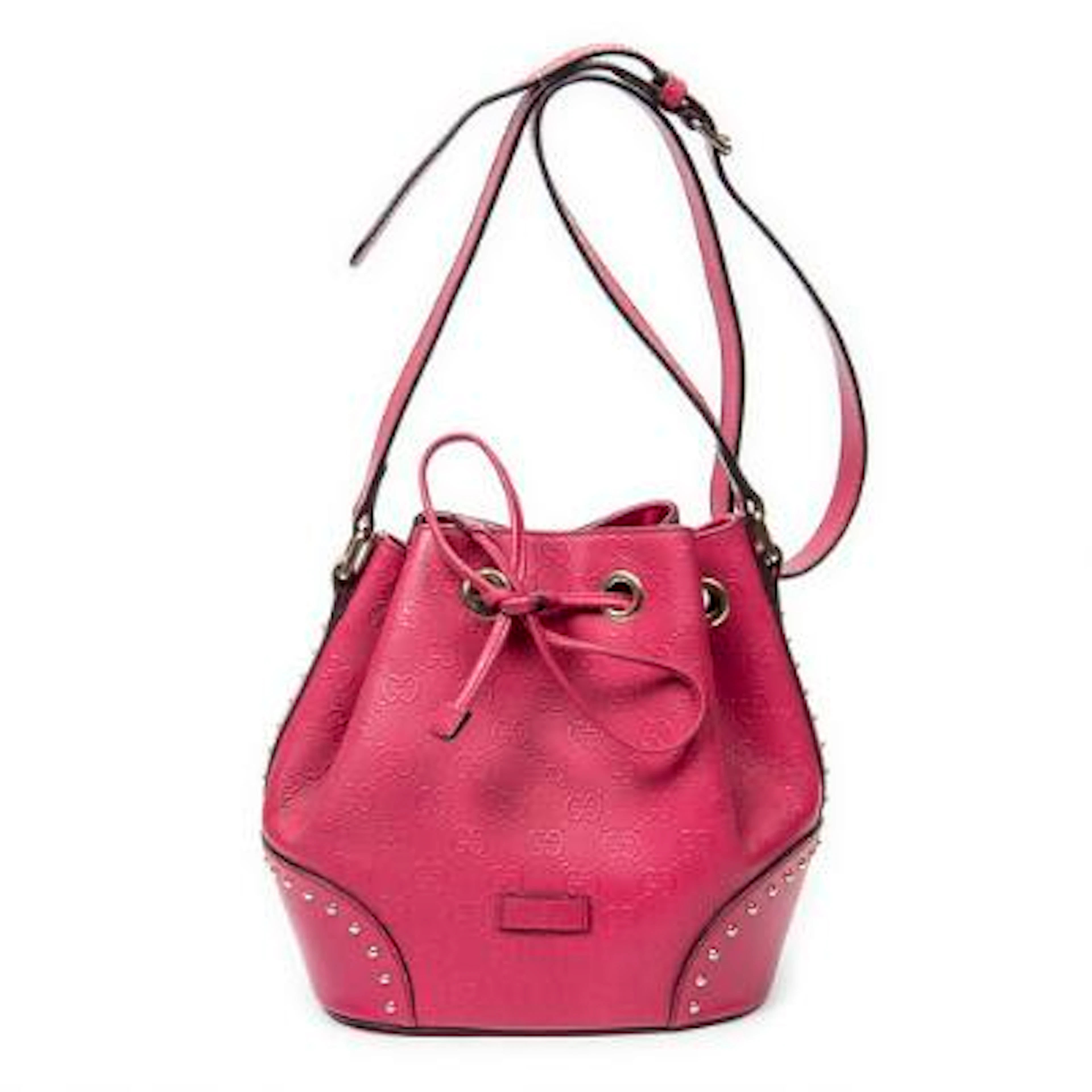 Gucci: A "Small Drawstring Bucket Bag" in pink Diamante GG-leather