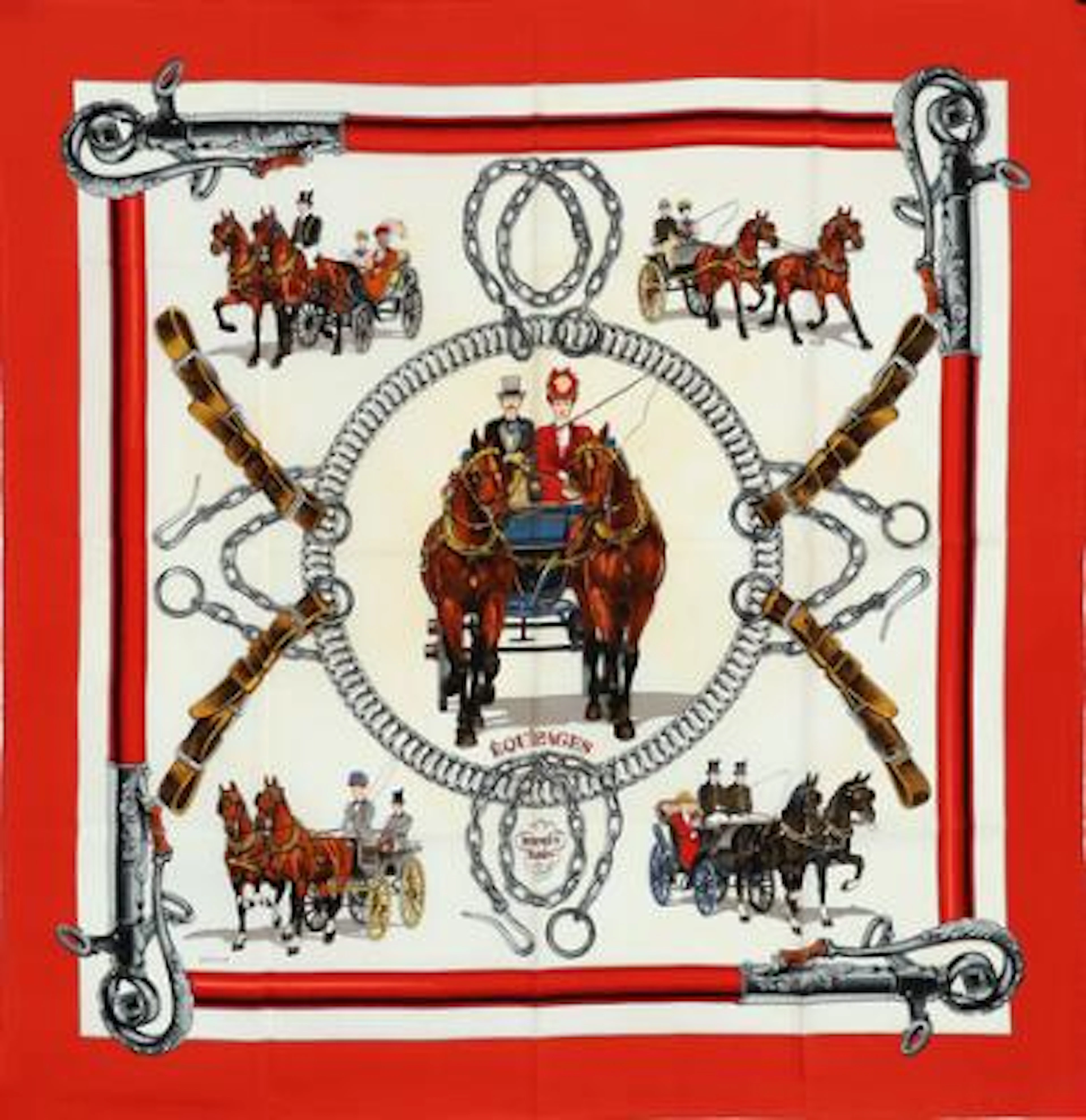 Hermès: A silk scarf with motif "Equipages" by Phillipe Ledoux. App.