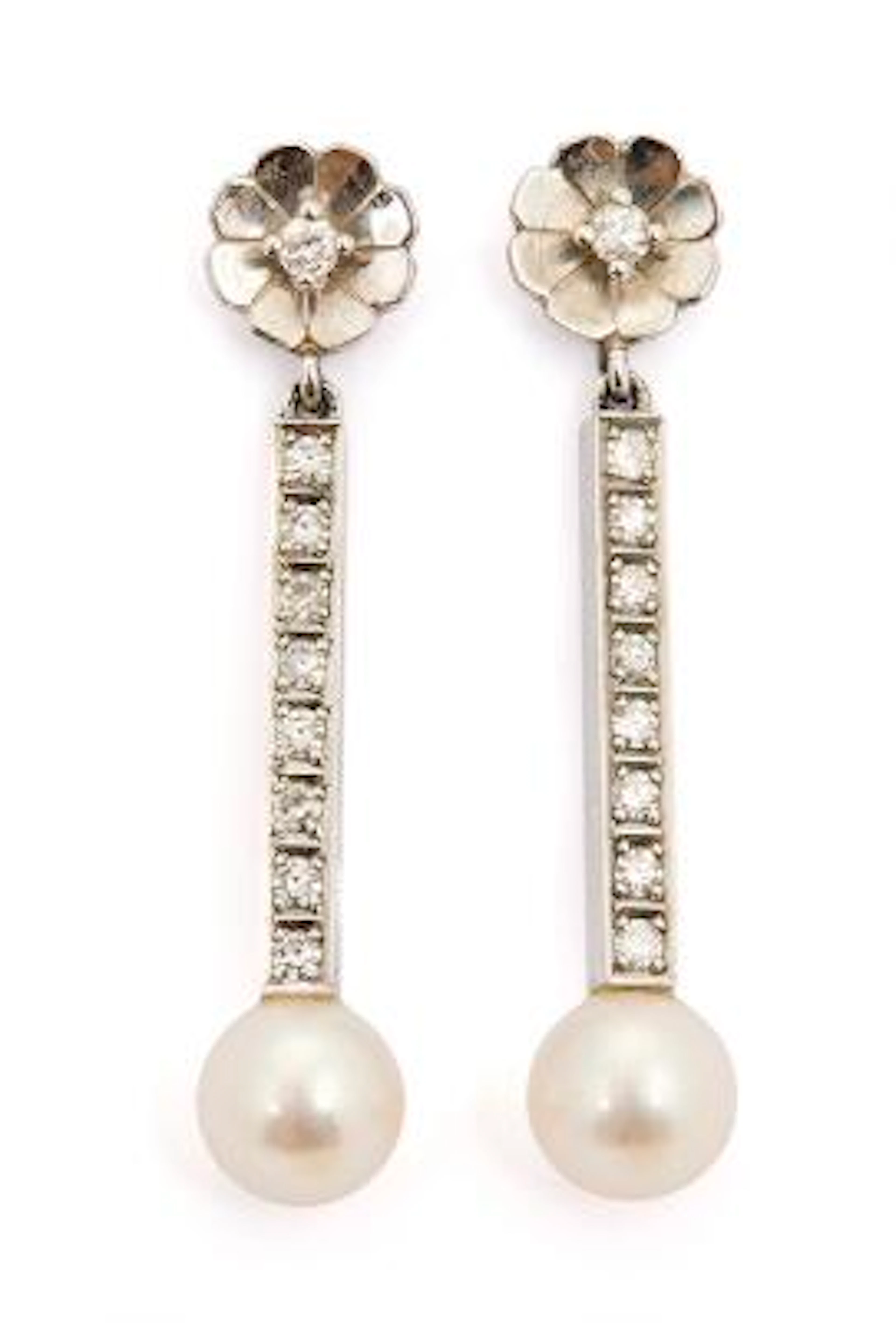 A pair of pearl and diamond ear pendants each set with a pearl and