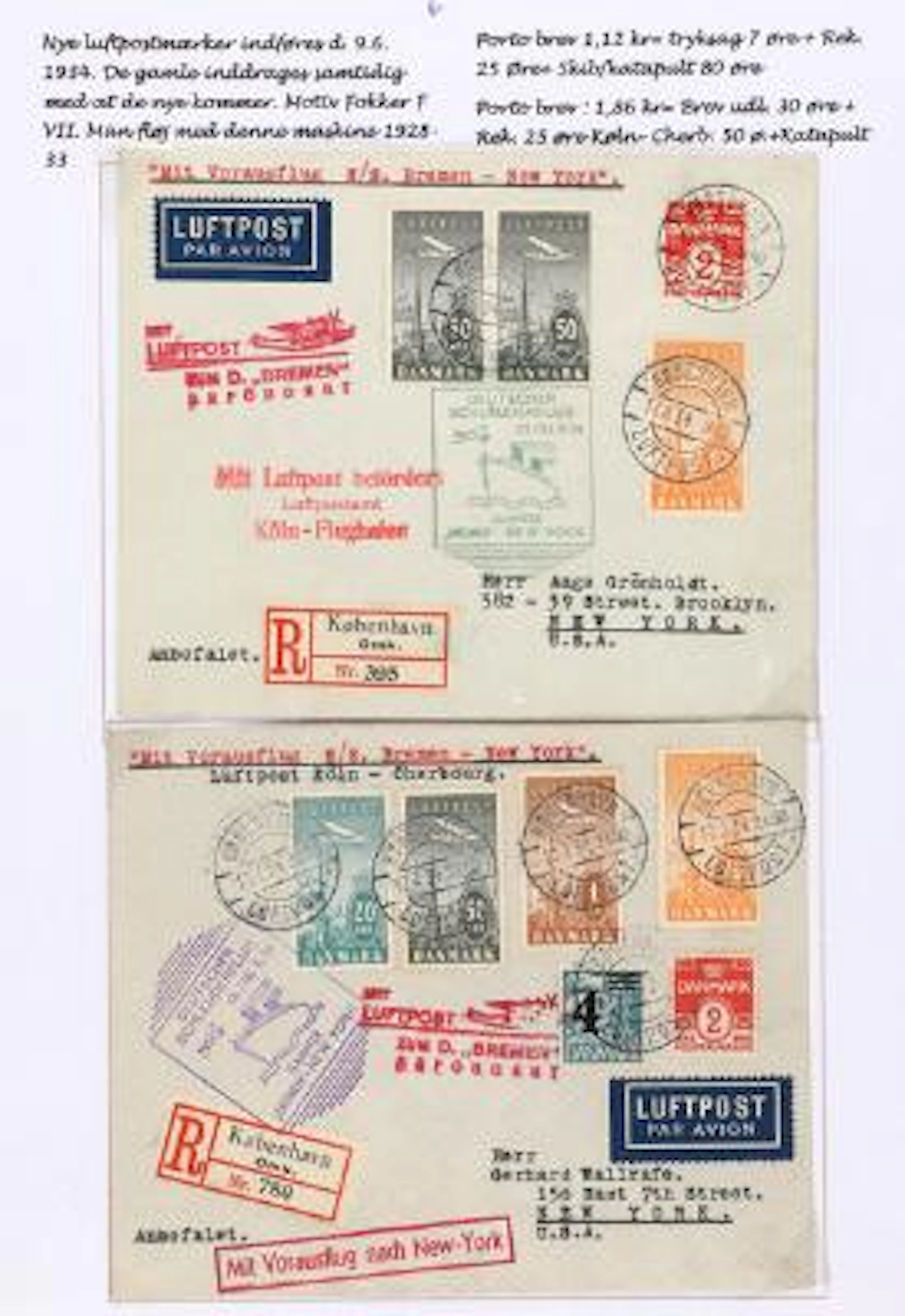 1934. Airmail. Exhibition page with 2 fine CATAPULT POST covers to