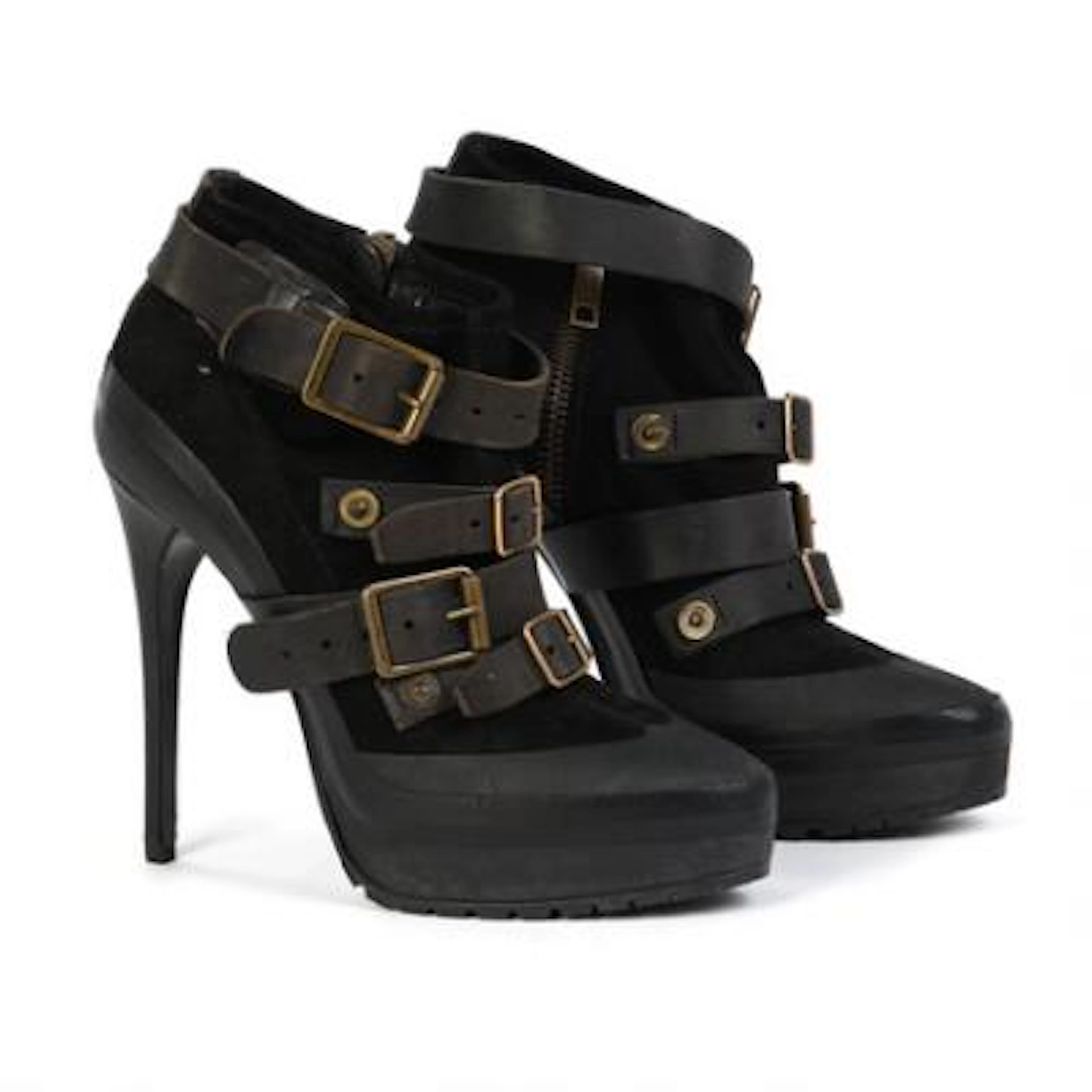 Burberry: A pair of black suede wedge-heel stilettos with leather