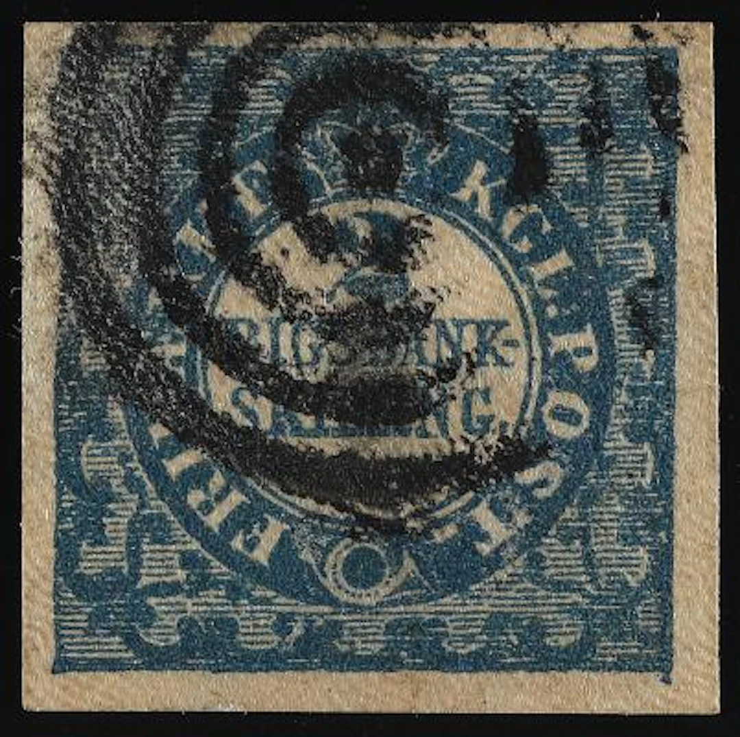 1851. 2 Rigsbankskilling, blue. Ferslew. Plate I, no.4. Type with