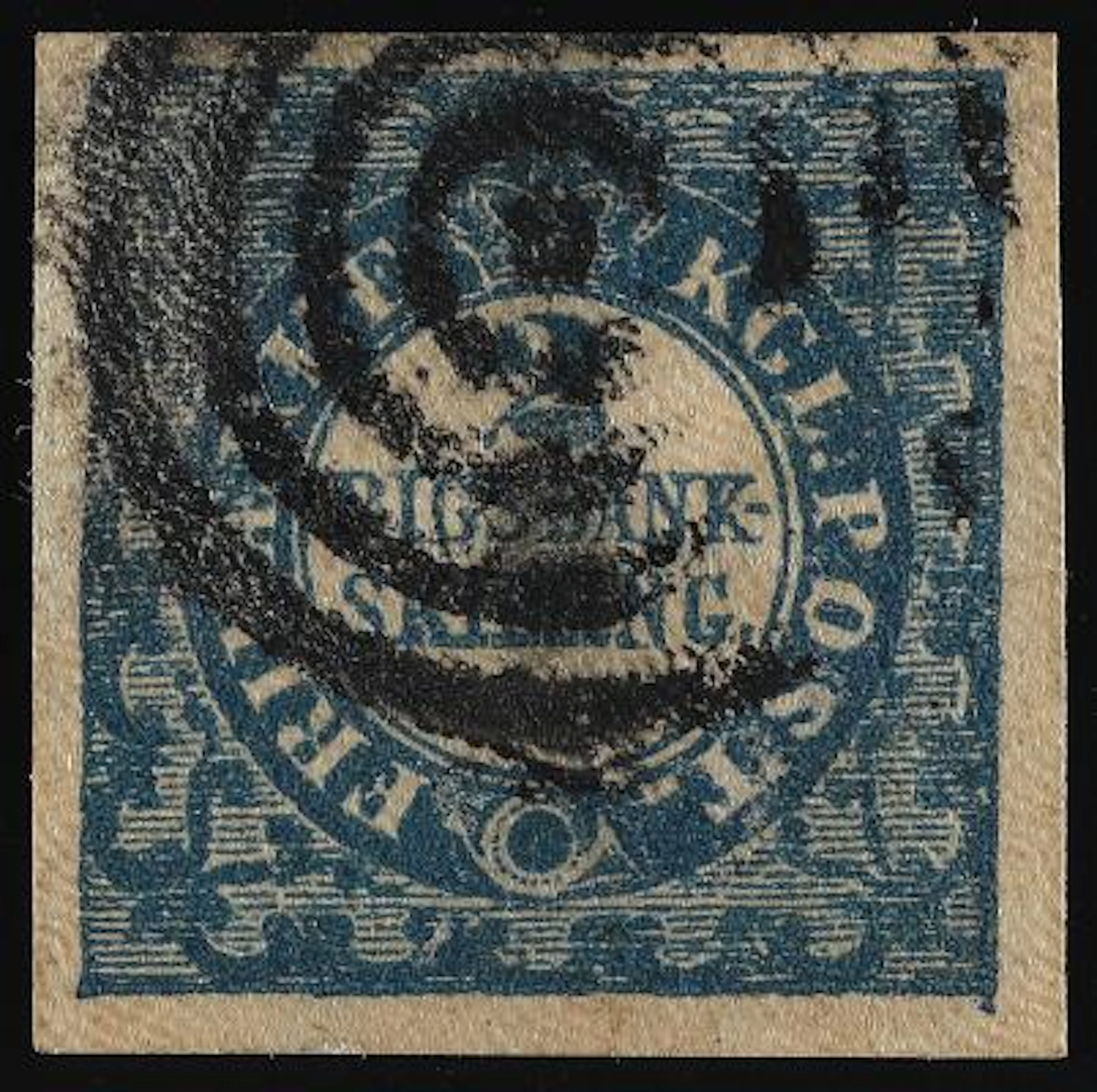 1851. 2 Rigsbankskilling, blue. Ferslew. Plate I, no.4. Type with
