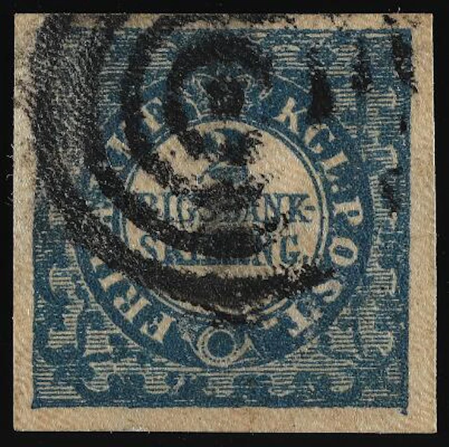 1851. 2 Rigsbankskilling, blue. Ferslew. Plate I, no.4. Type with