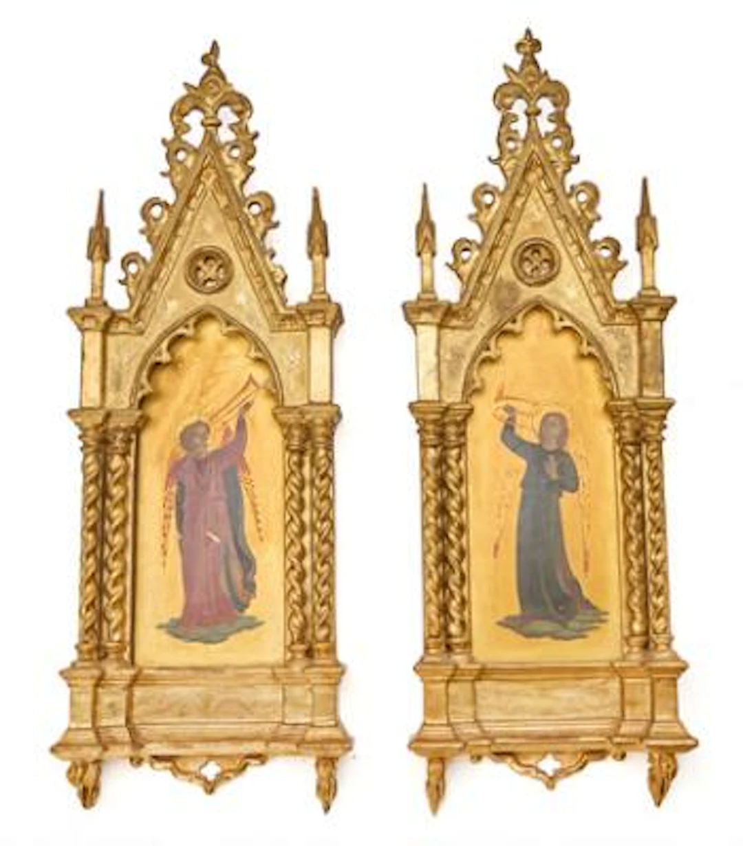 Pair of archangels depictions. Italy, 19th century. In Gothic revival