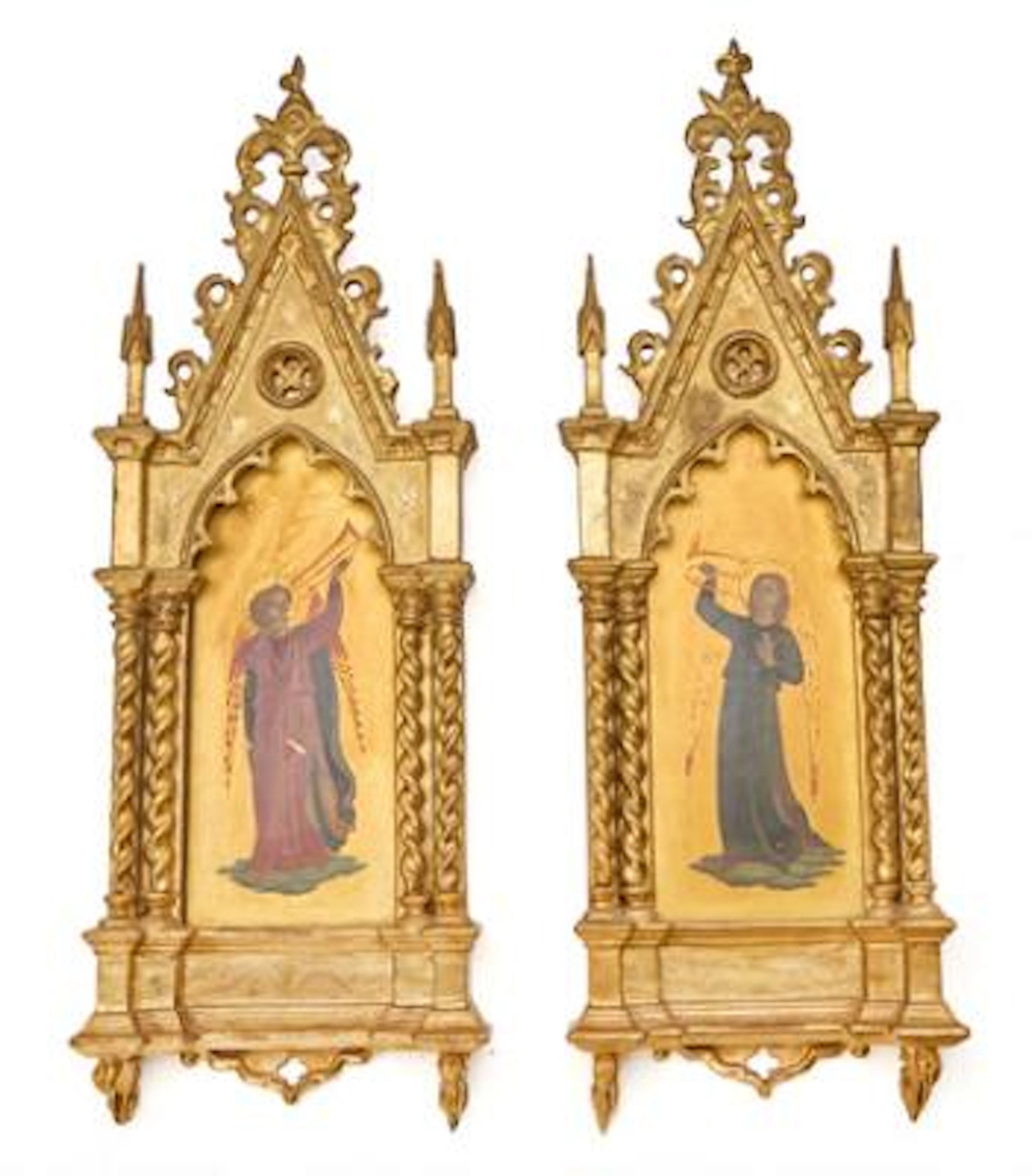 Pair of archangels depictions. Italy, 19th century. In Gothic revival