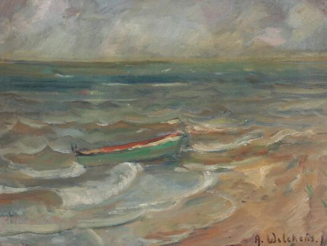 August Wilckens: Coastal scene with a rowboat pulled up on shore.