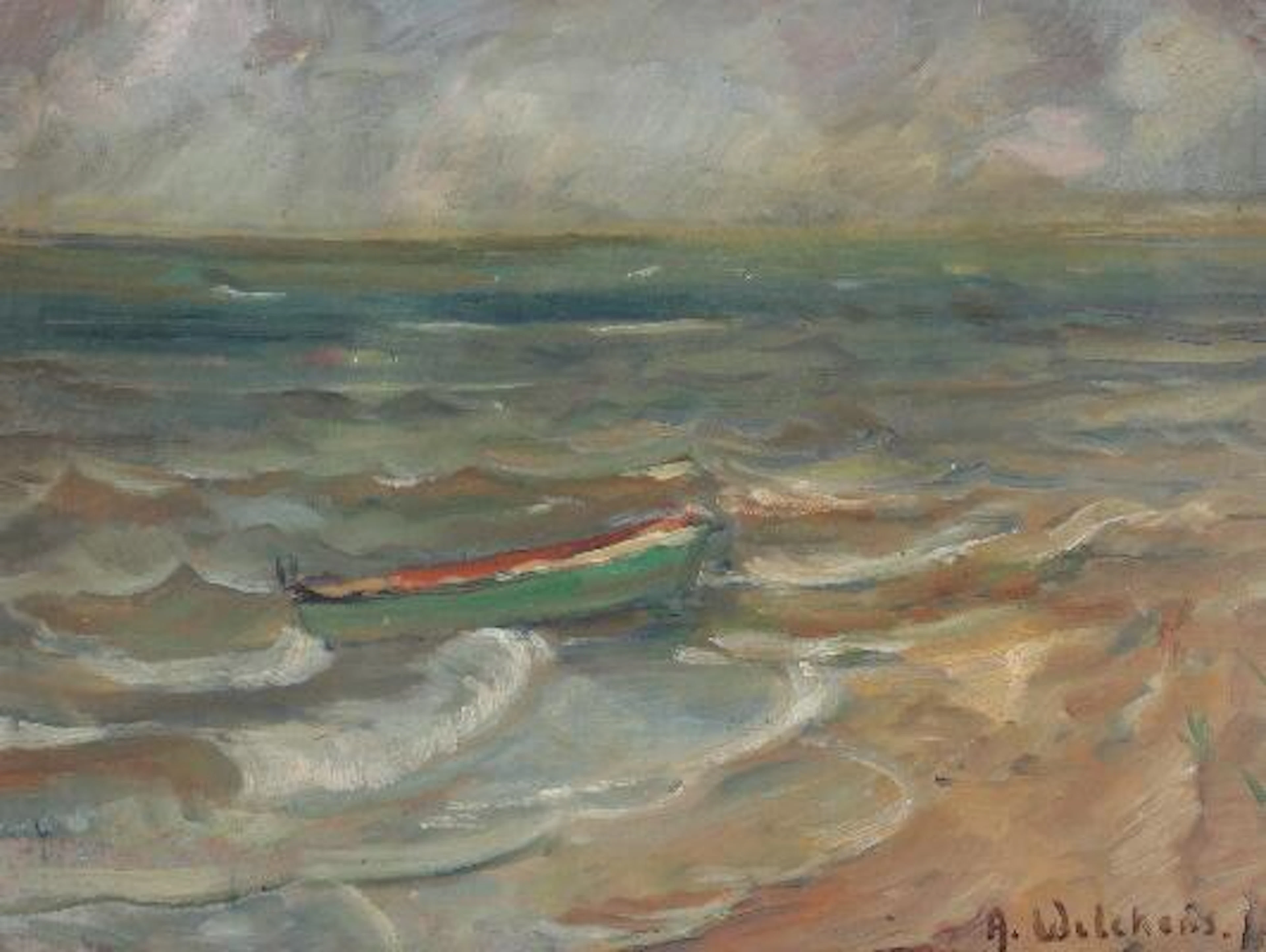 August Wilckens: Coastal scene with a rowboat pulled up on shore.