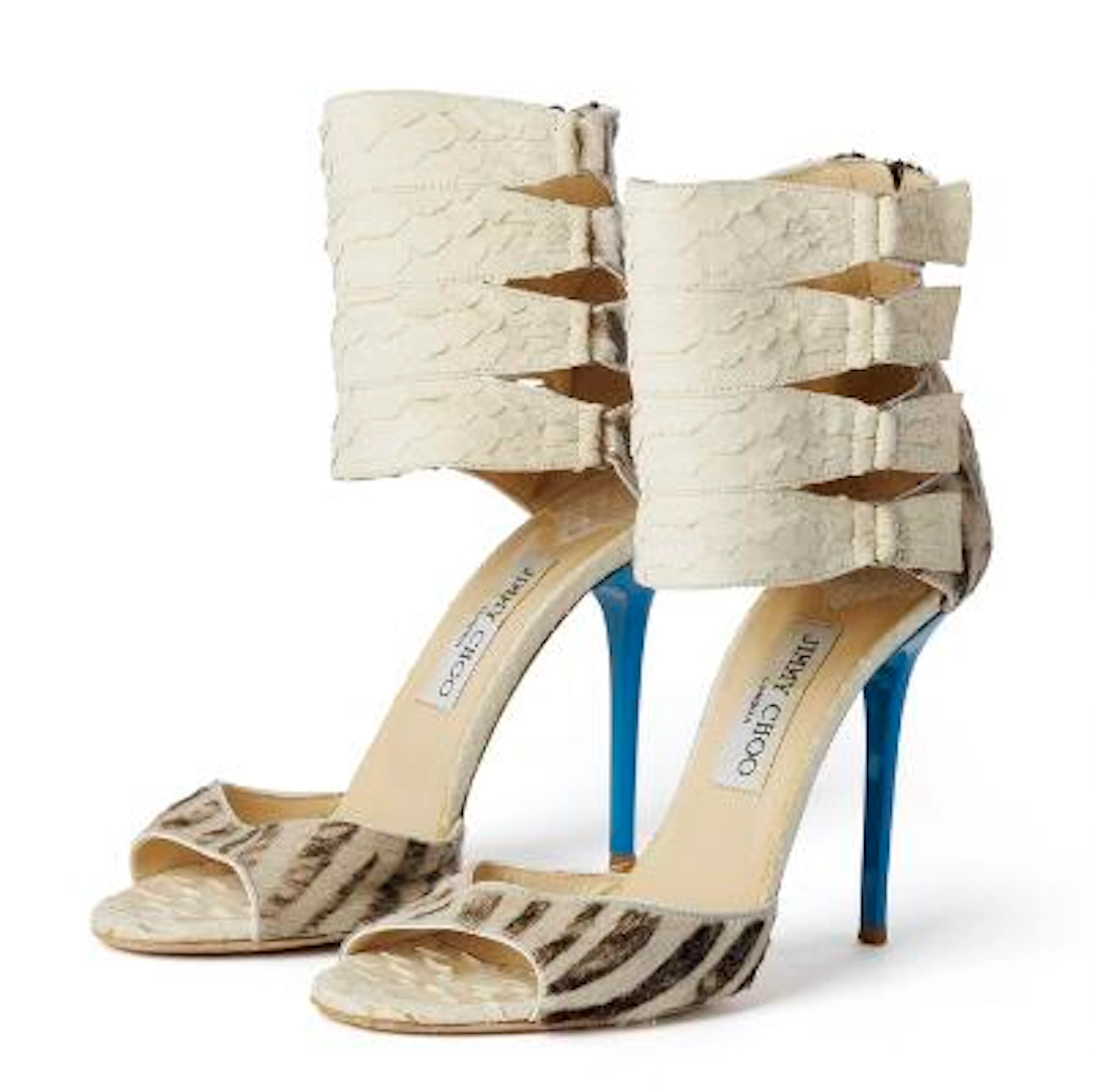 Jimmy Choo: A pair of stilettos of white python skin and zebra patterned